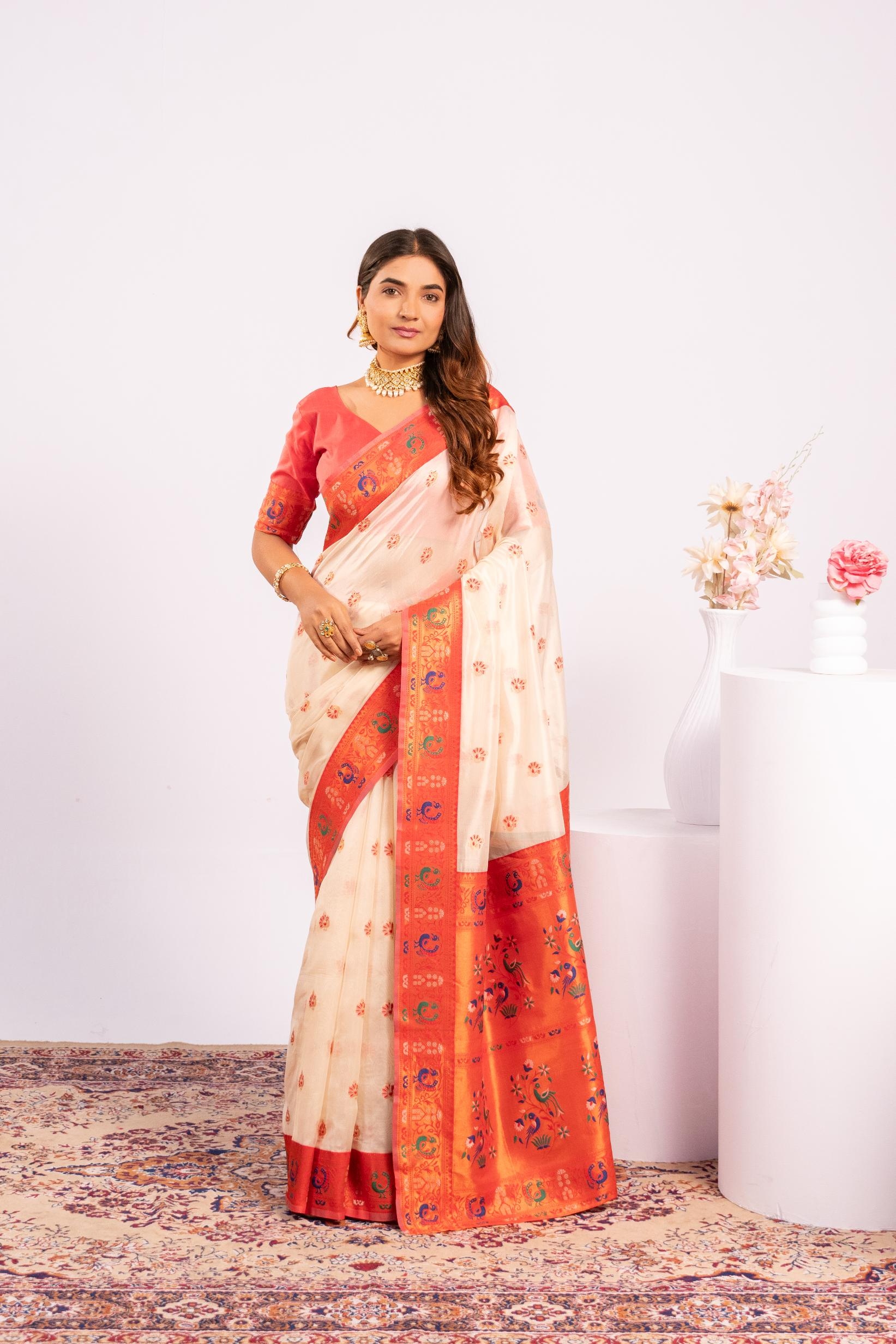 White Woven Paithani Tissue Silk Saree
