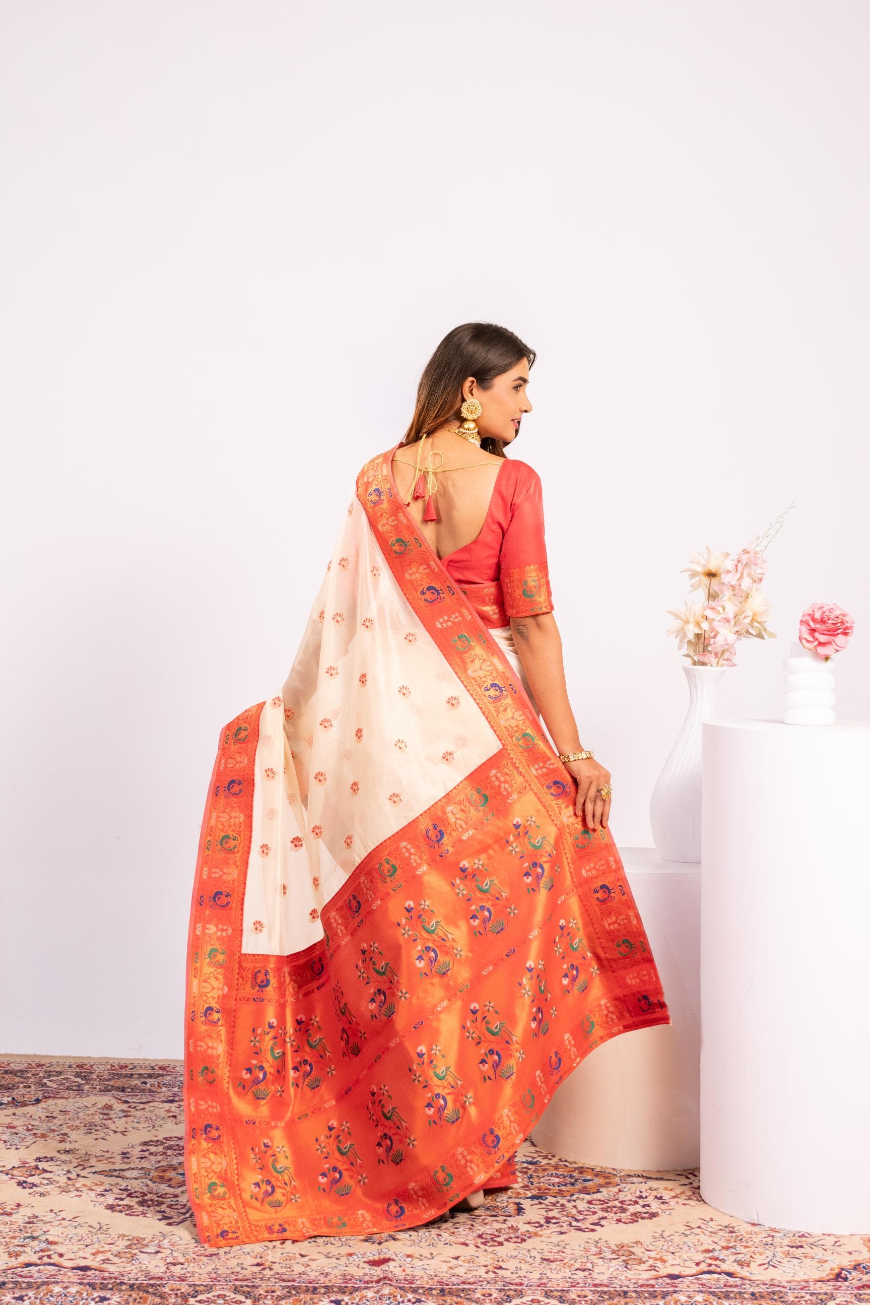 White Woven Paithani Tissue Silk Saree — alternate view