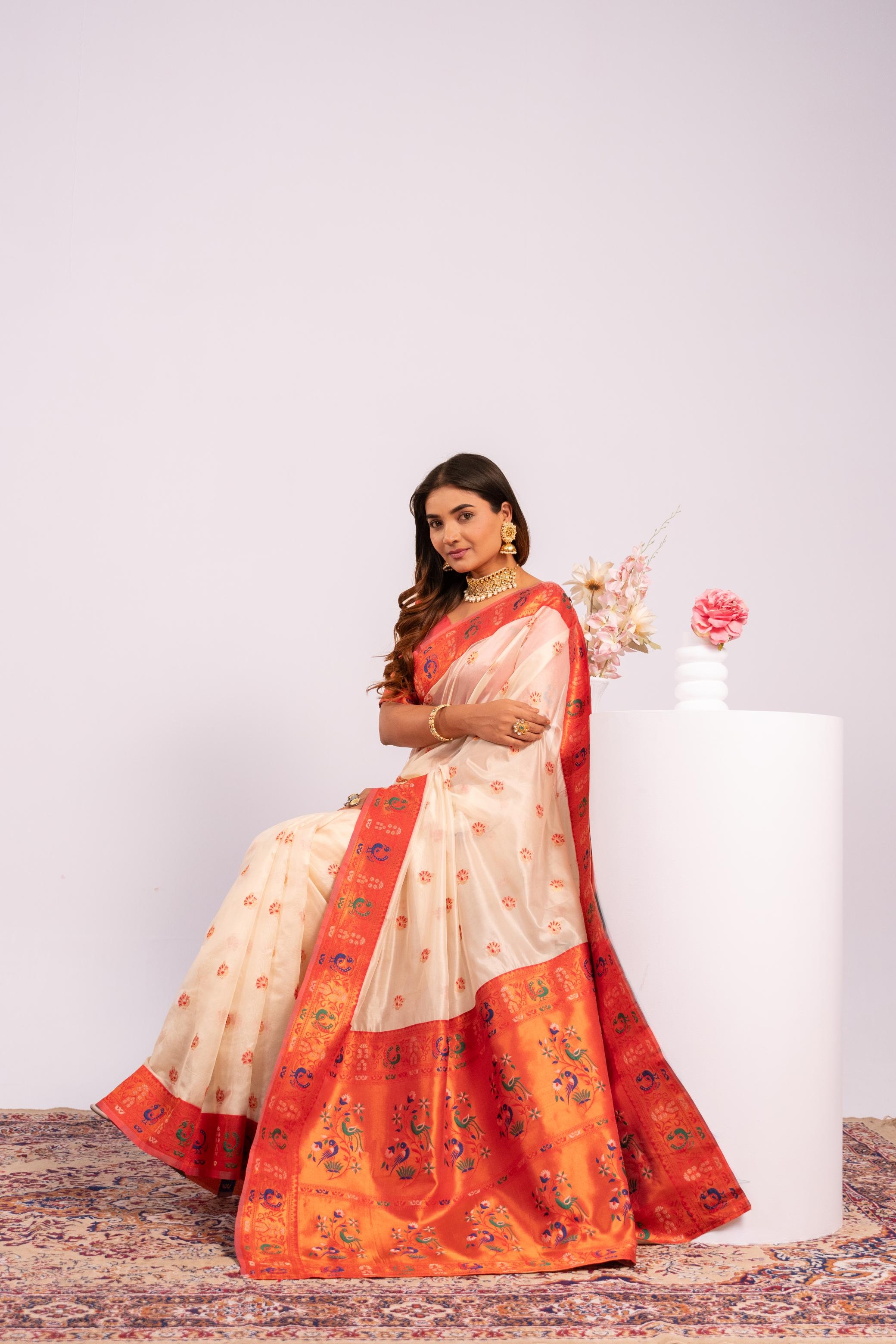 White Woven Paithani Tissue Silk Saree