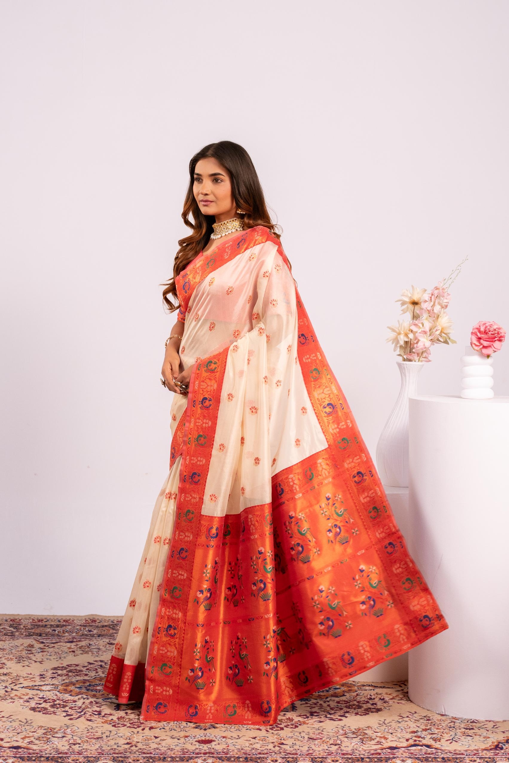 White Woven Paithani Tissue Silk Saree