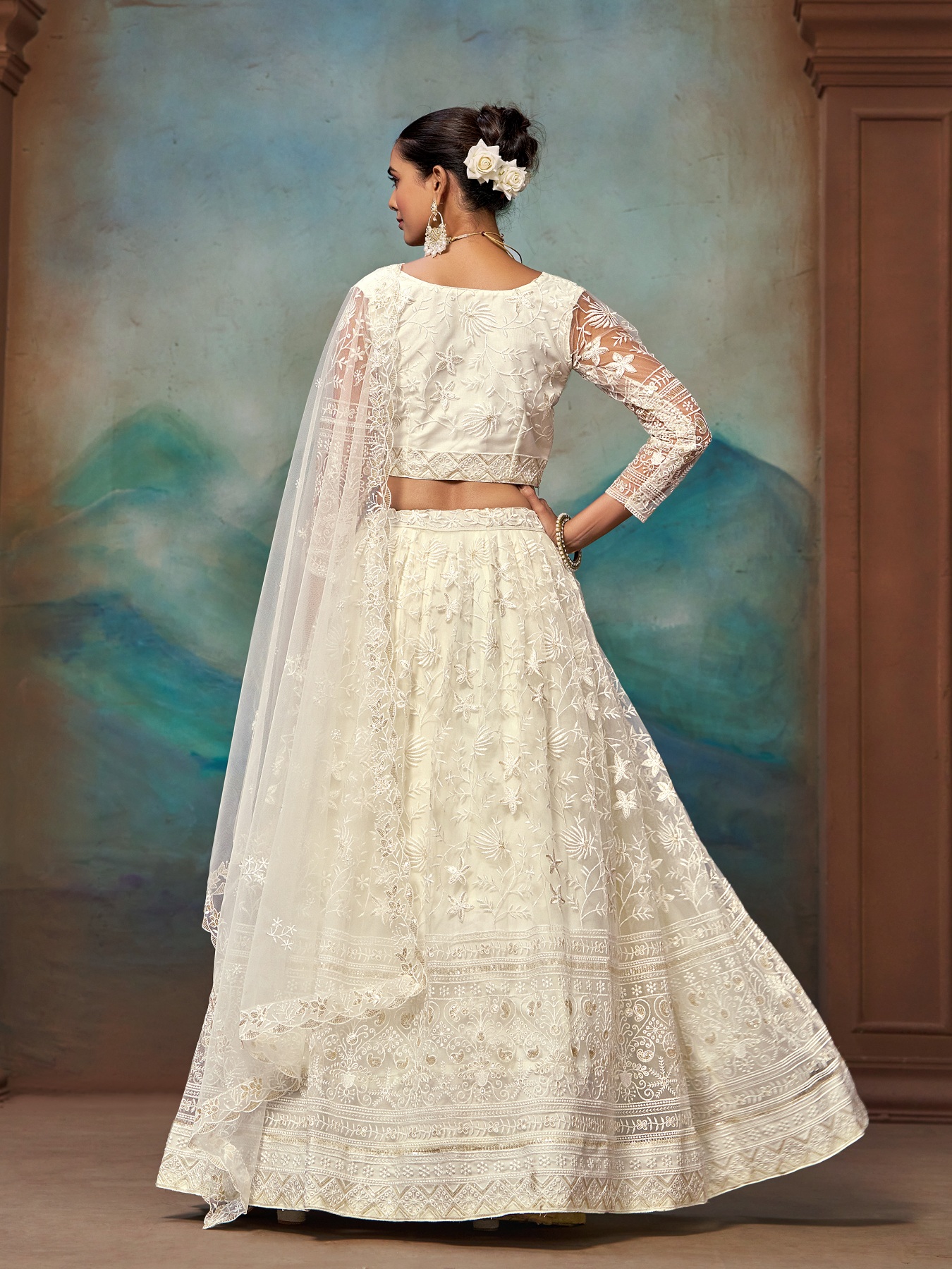 White Zari Embroidered Net Lehenga Choli — alternate view