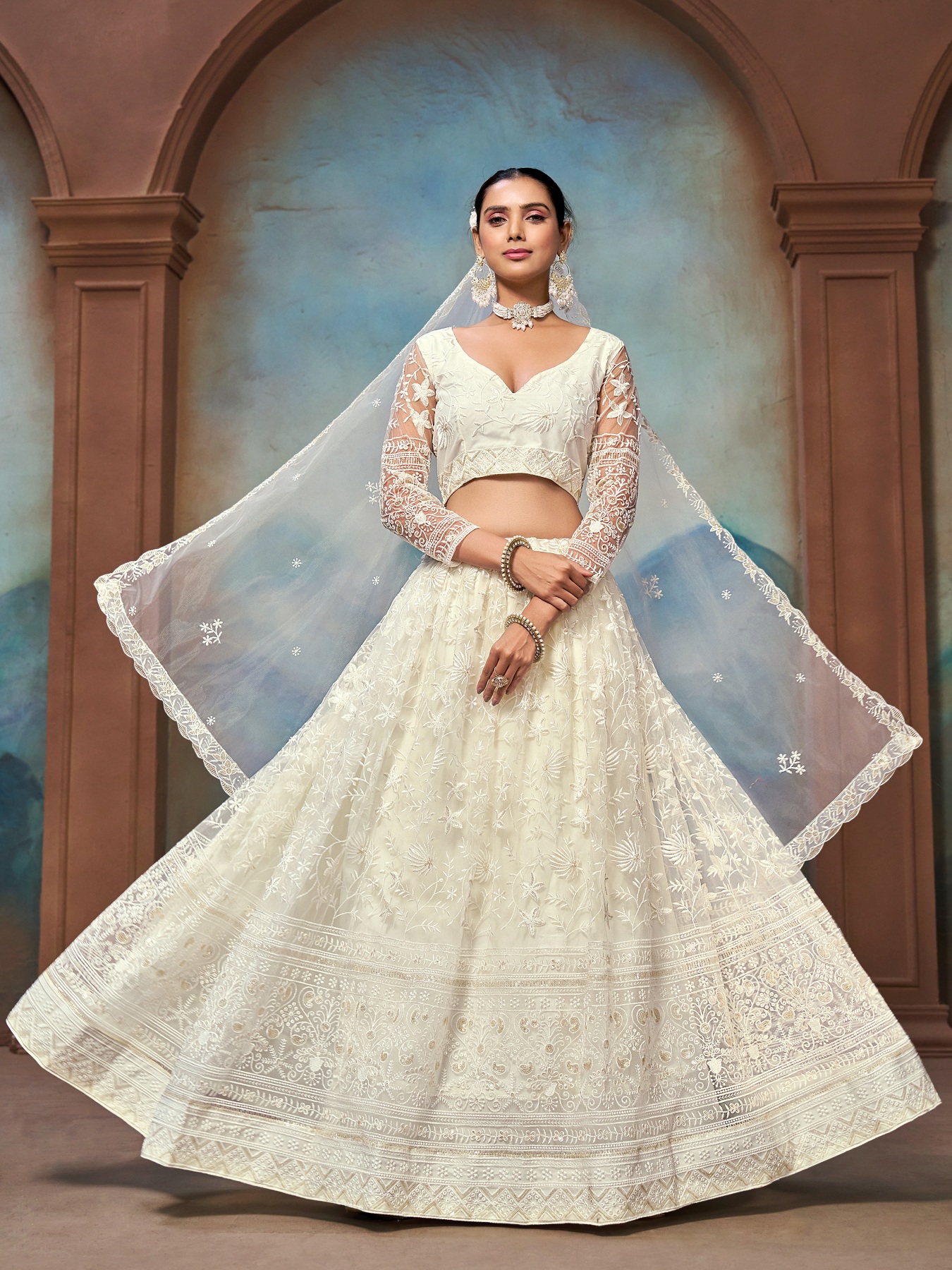 White Zari Embroidered Net Lehenga Choli