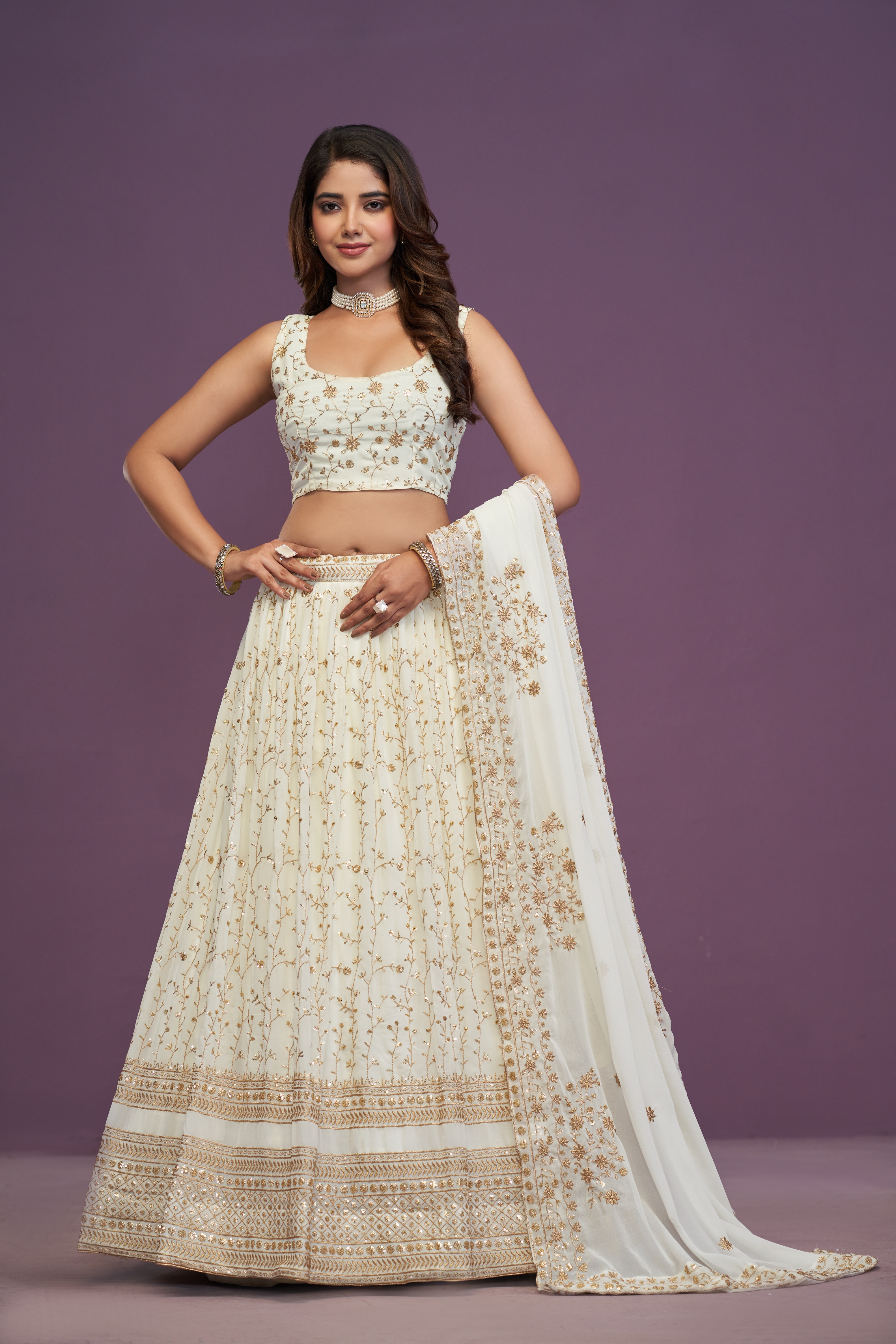 White Zari Sequins Georgette Lehenga Choli