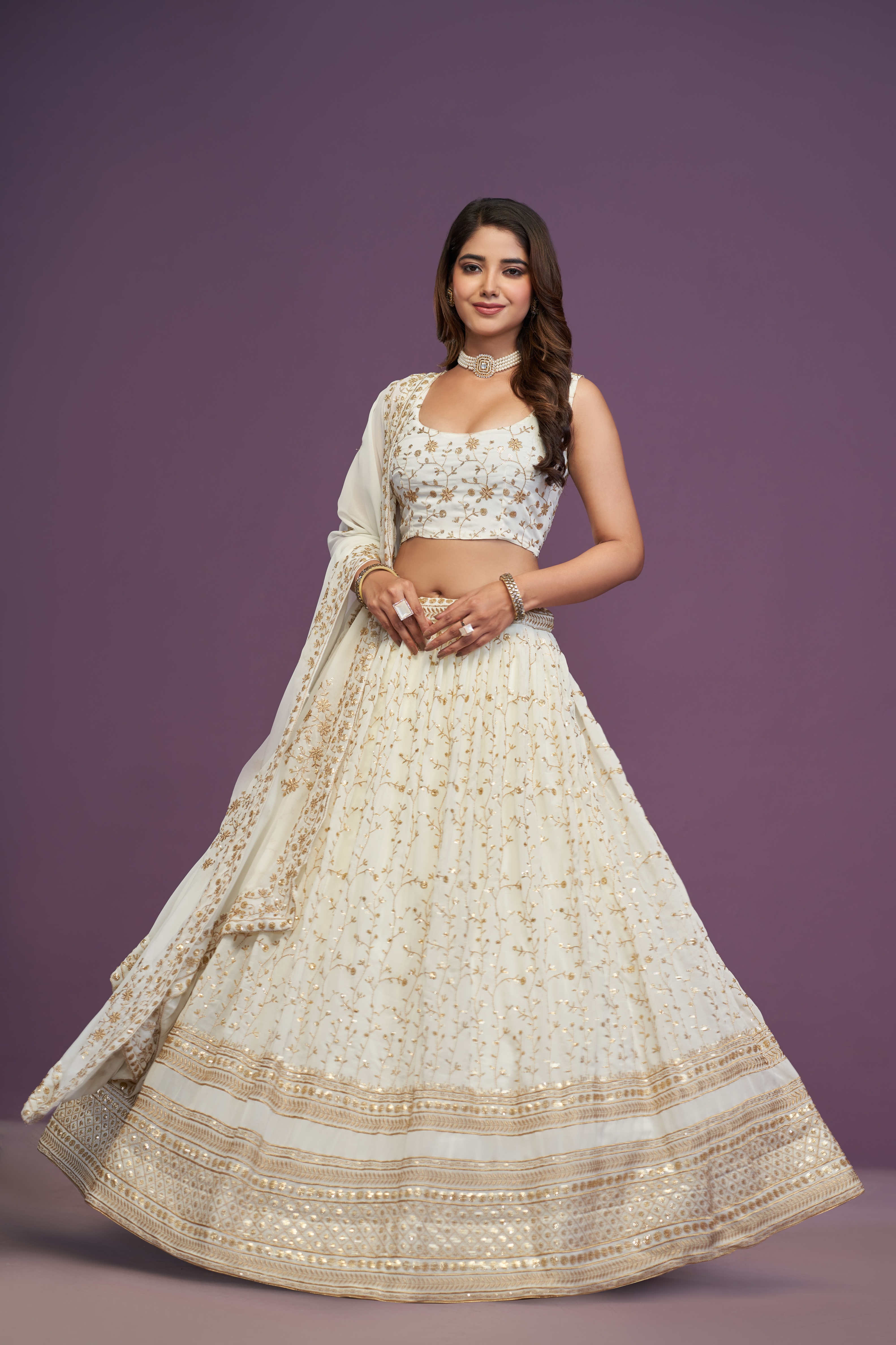 White Zari Sequins Georgette Lehenga Choli