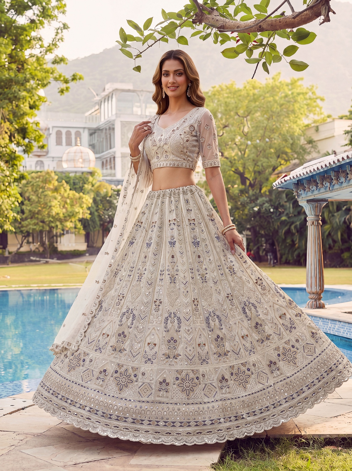 White Zircon Diamond Net Lehenga Choli