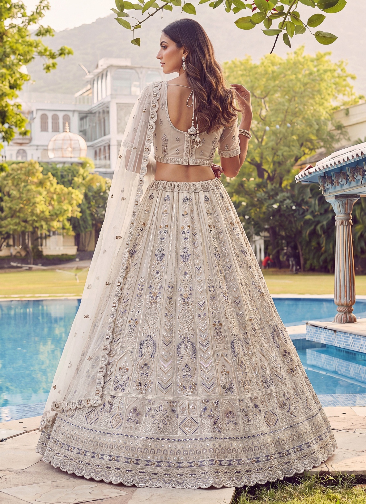 White Zircon Diamond Net Lehenga Choli — alternate view