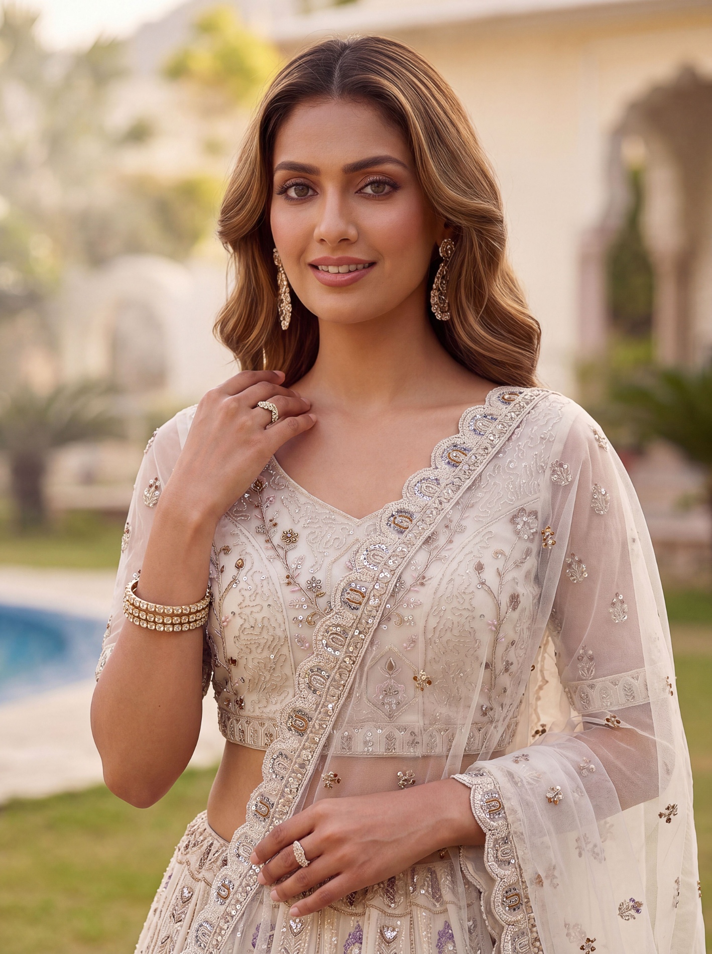 White Zircon Diamond Net Lehenga Choli