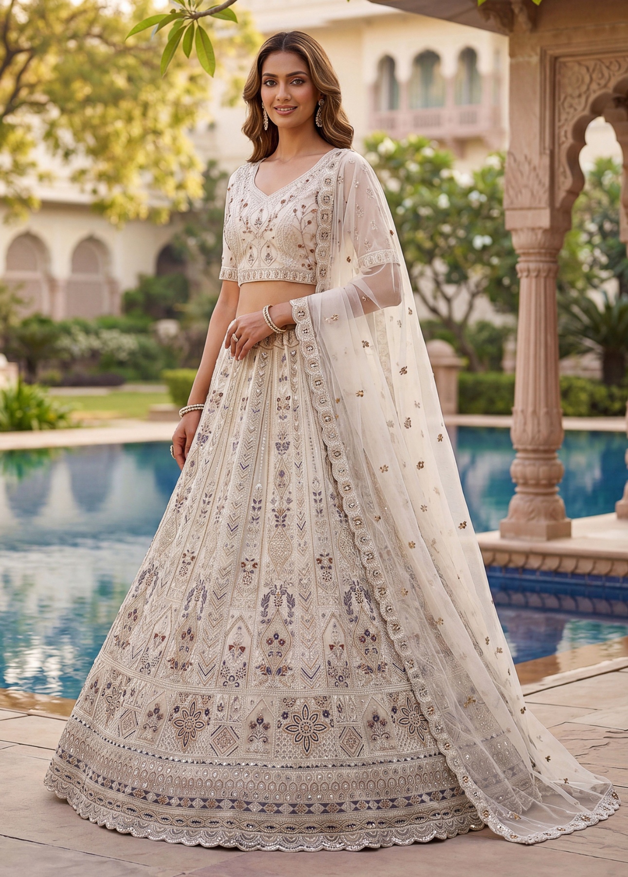 White Zircon Diamond Net Lehenga Choli