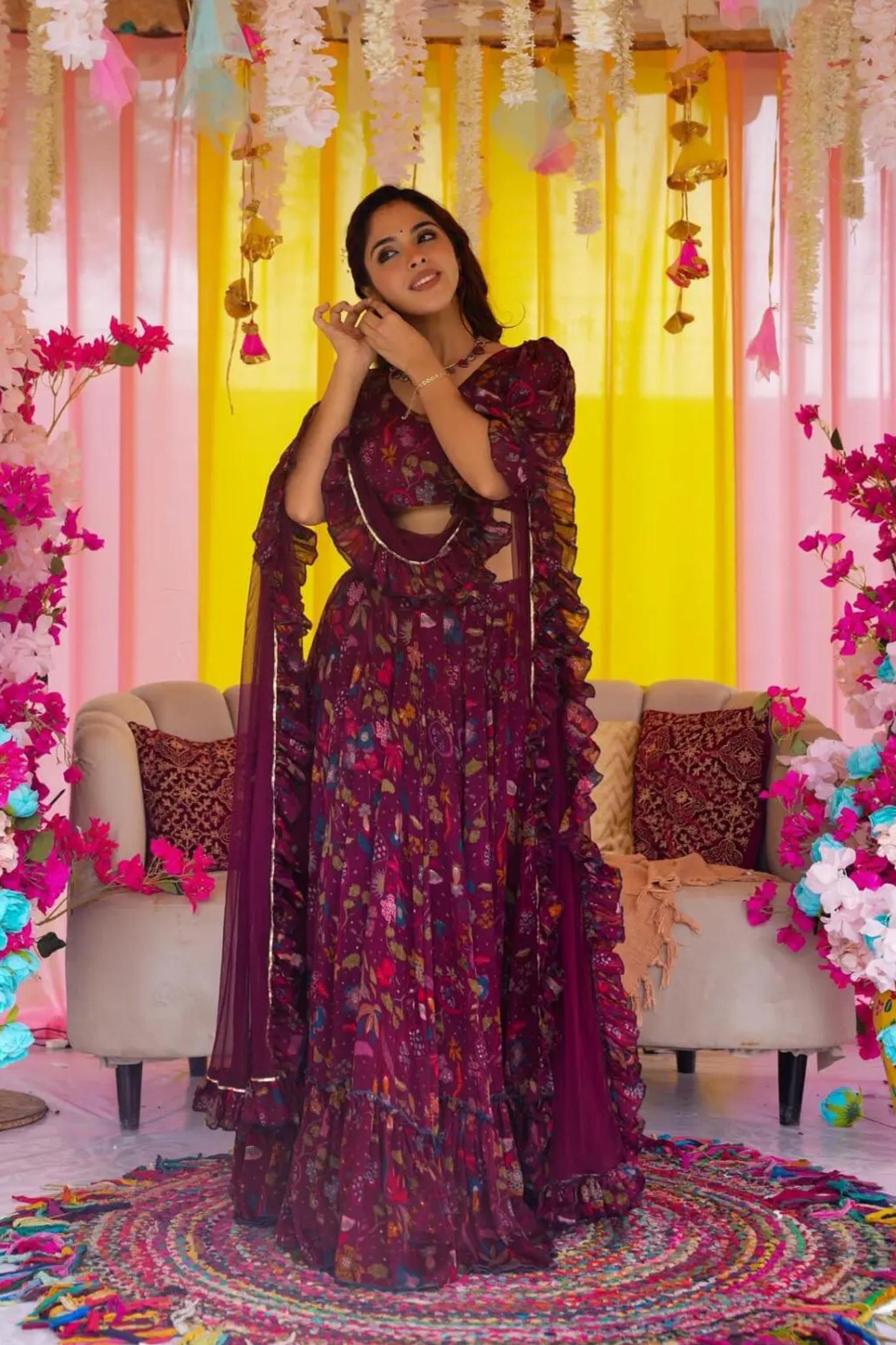 Wine Air Tex Chinon Crop Top Lehenga