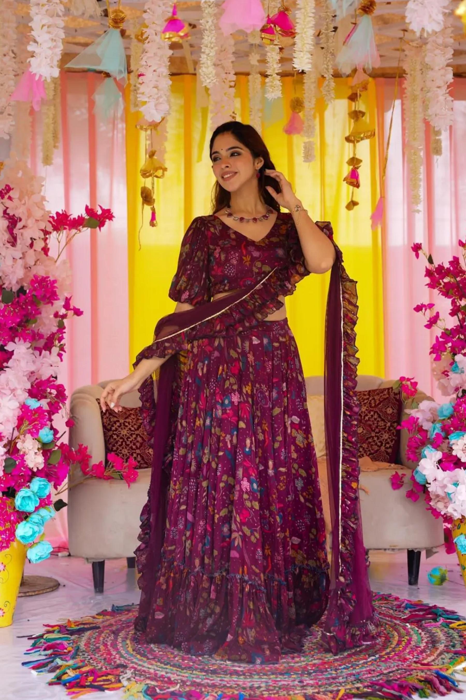 Wine Air Tex Chinon Crop Top Lehenga