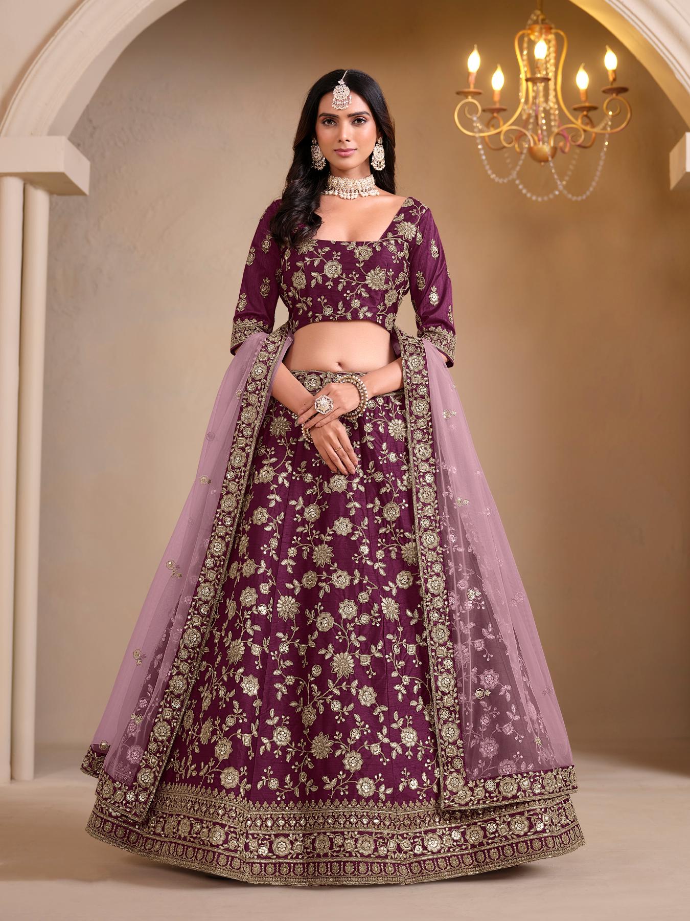 Wine Art Silk Embroidery Lehenga