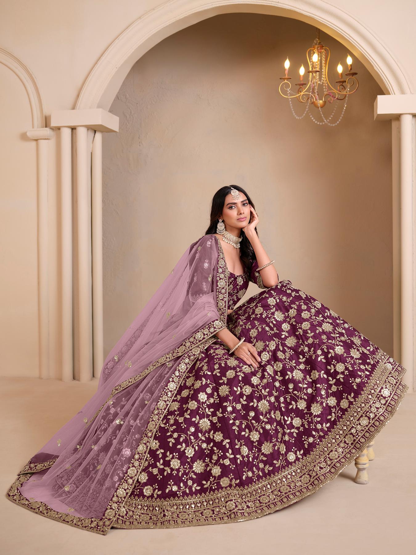 Wine Art Silk Embroidery Lehenga