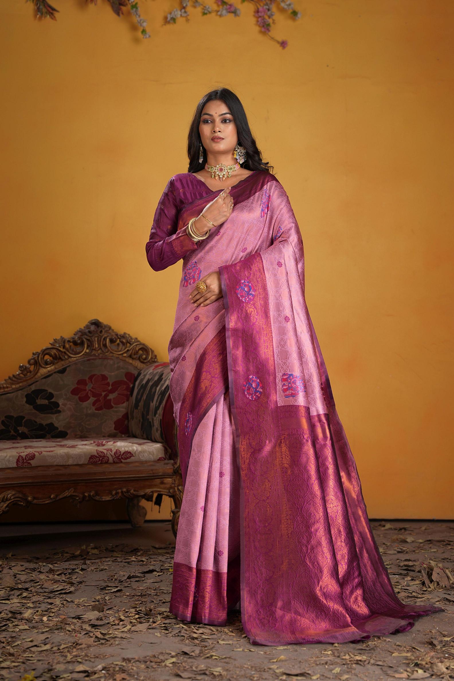 Wine Art Silk Woven Jacquard Saree