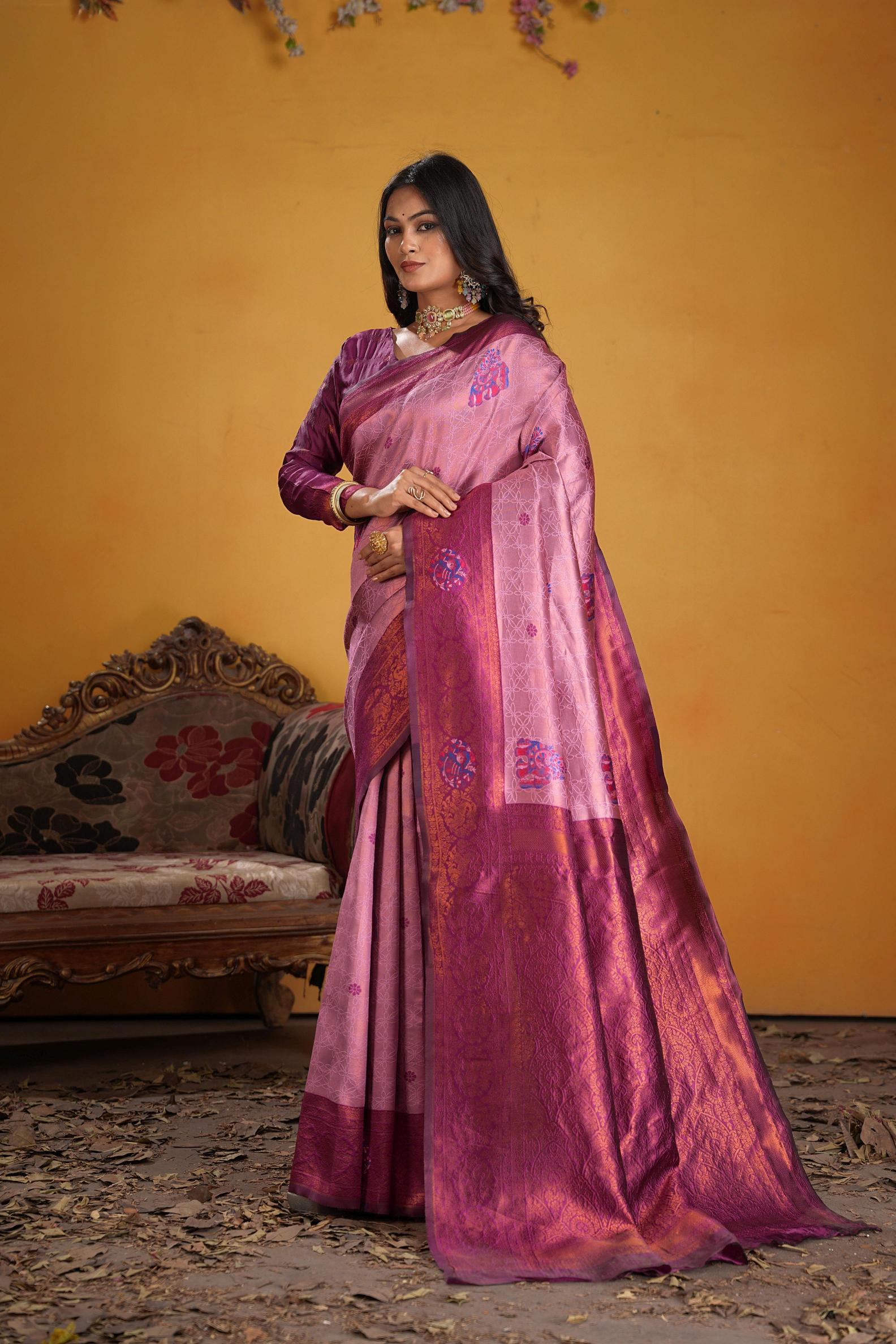 Wine Art Silk Woven Jacquard Saree