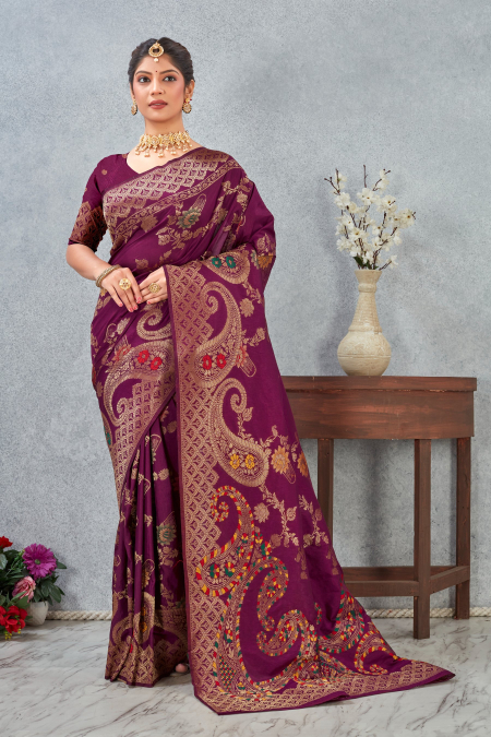 Wine Banarasi Meenakari Silk Saree
