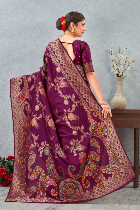 Wine Banarasi Meenakari Silk Saree — alternate view