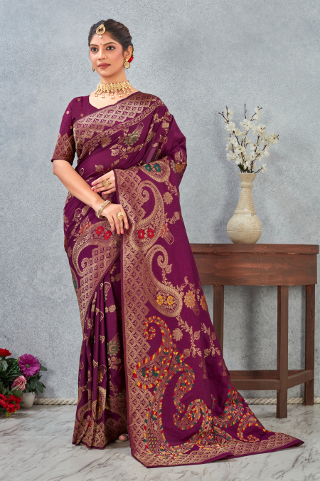 Wine Banarasi Meenakari Silk Saree