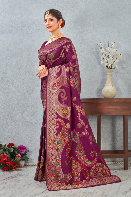 Wine Banarasi Meenakari Silk Saree