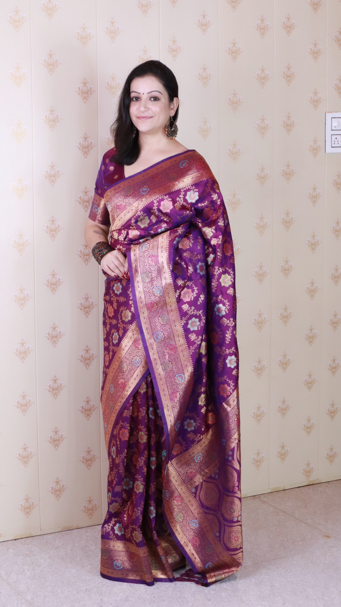 Wine Banarasi Silk Mughal Meenakari Saree