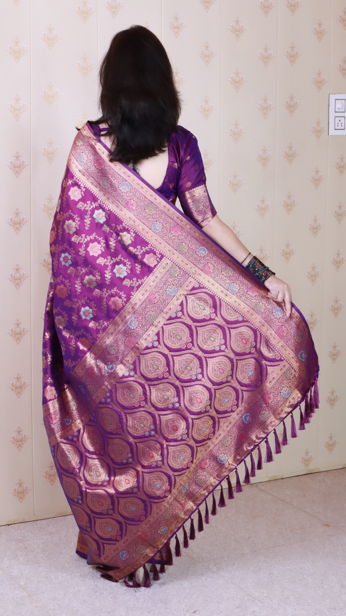 Wine Banarasi Silk Mughal Meenakari Saree — alternate view