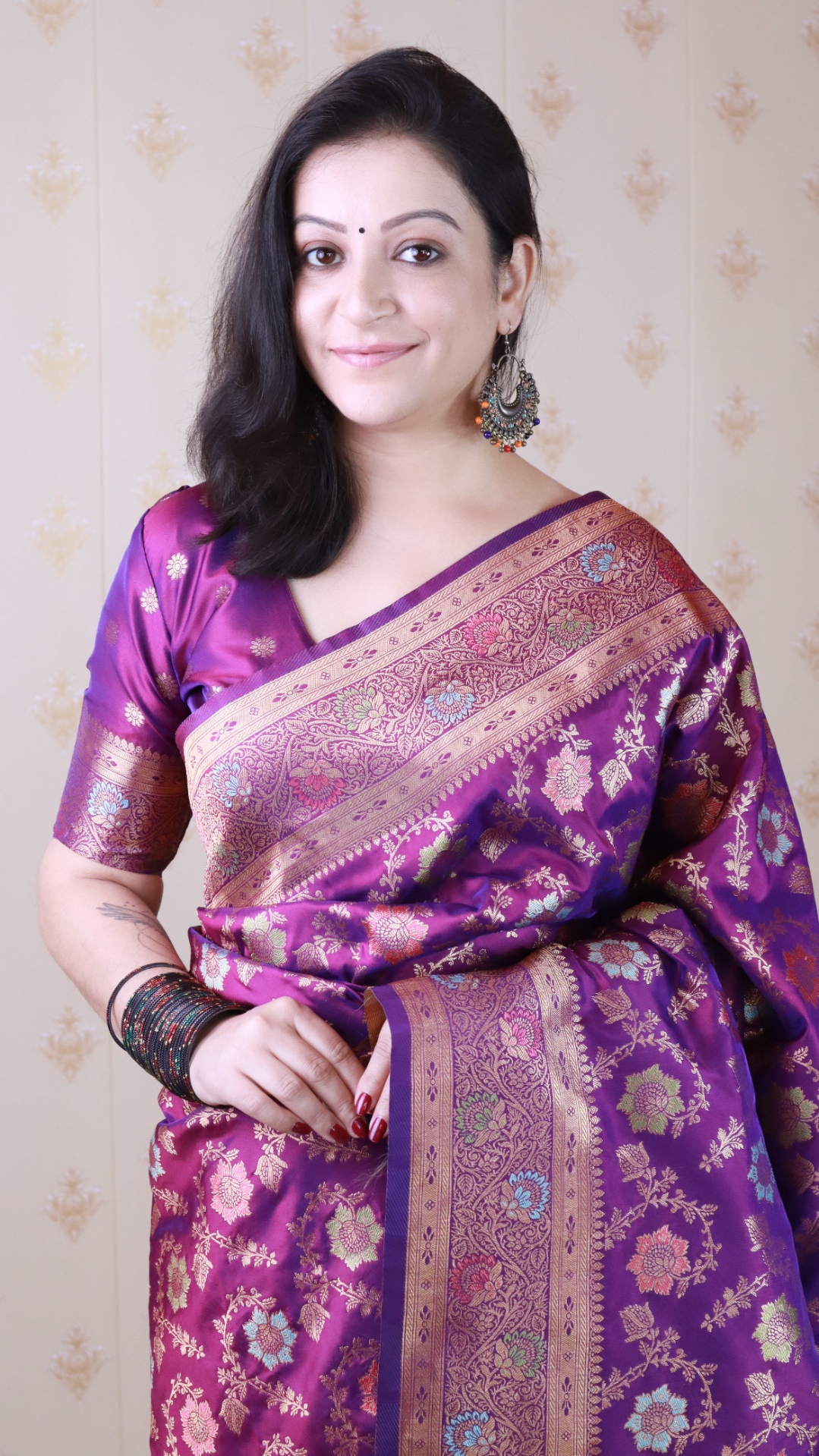 Wine Banarasi Silk Mughal Meenakari Saree
