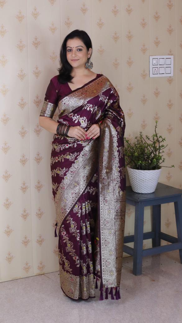 Wine Banarasi Silk Saree