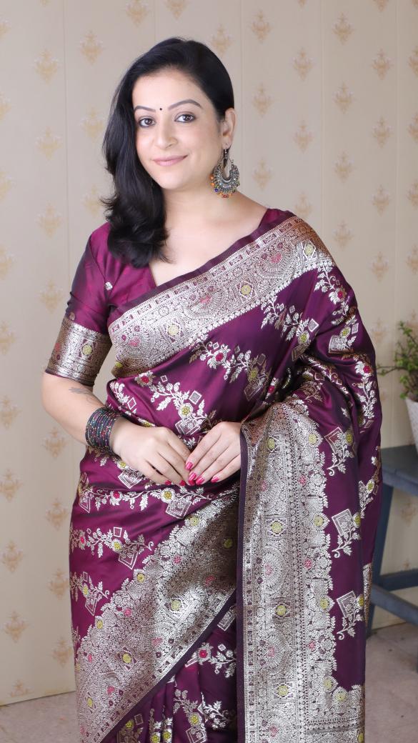 Wine Banarasi Silk Saree