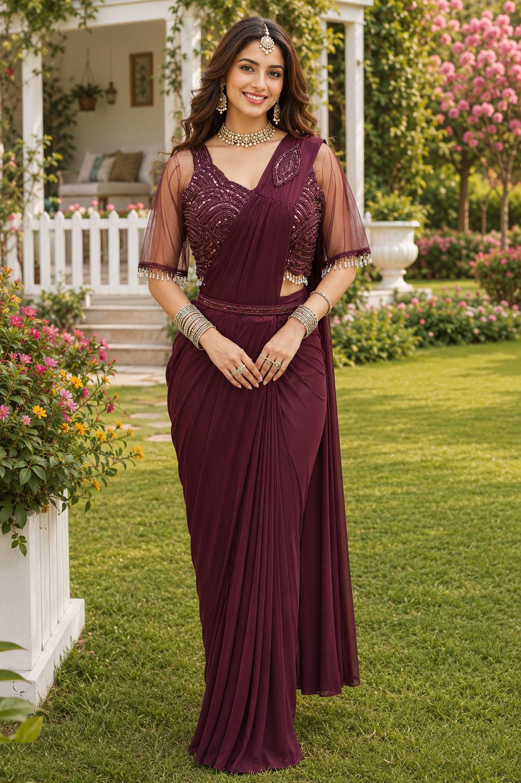 Wine Bandhani Sequin Georgette Ready Saree