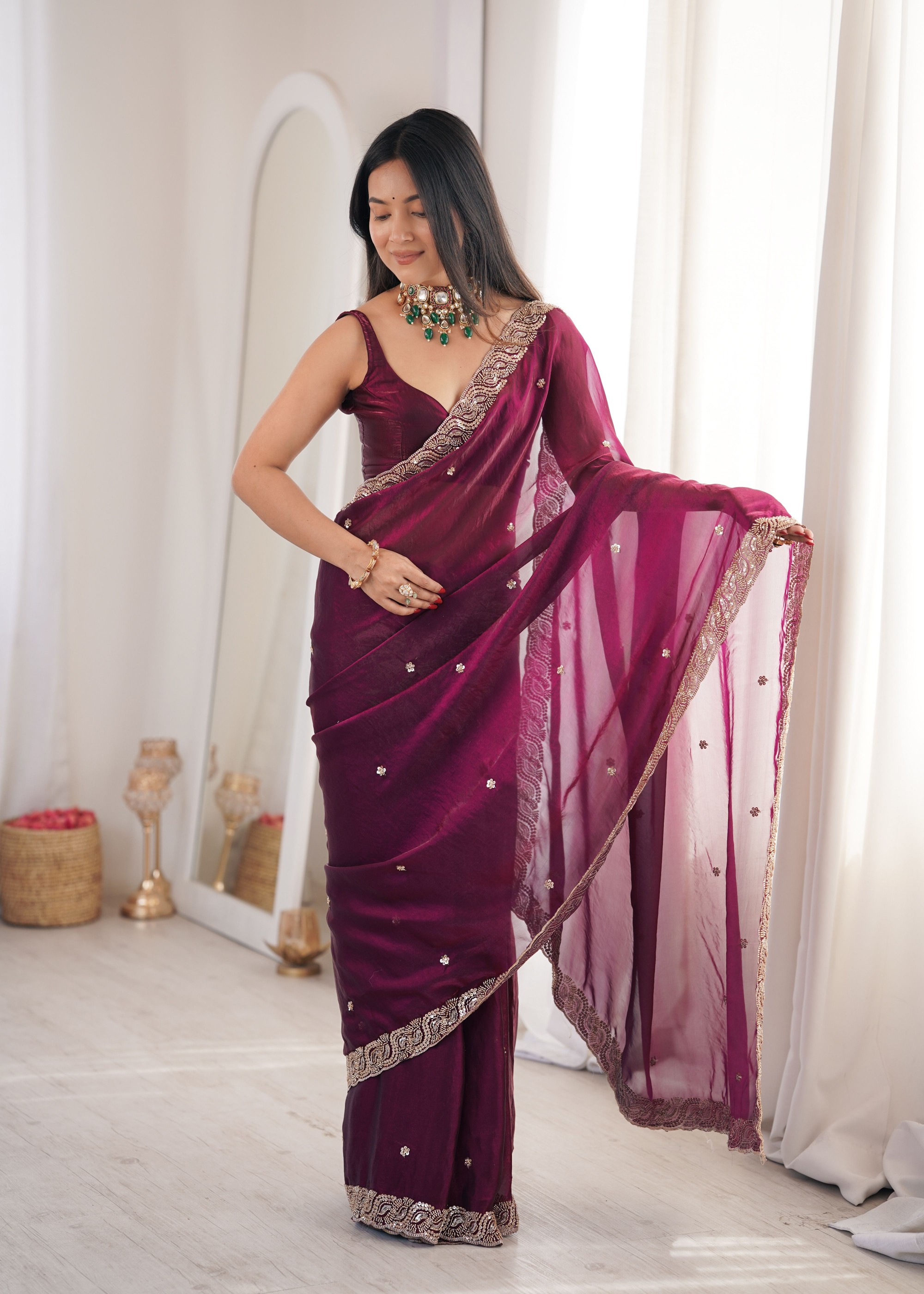 Wine Beads Pearl Fendy Satin Saree
