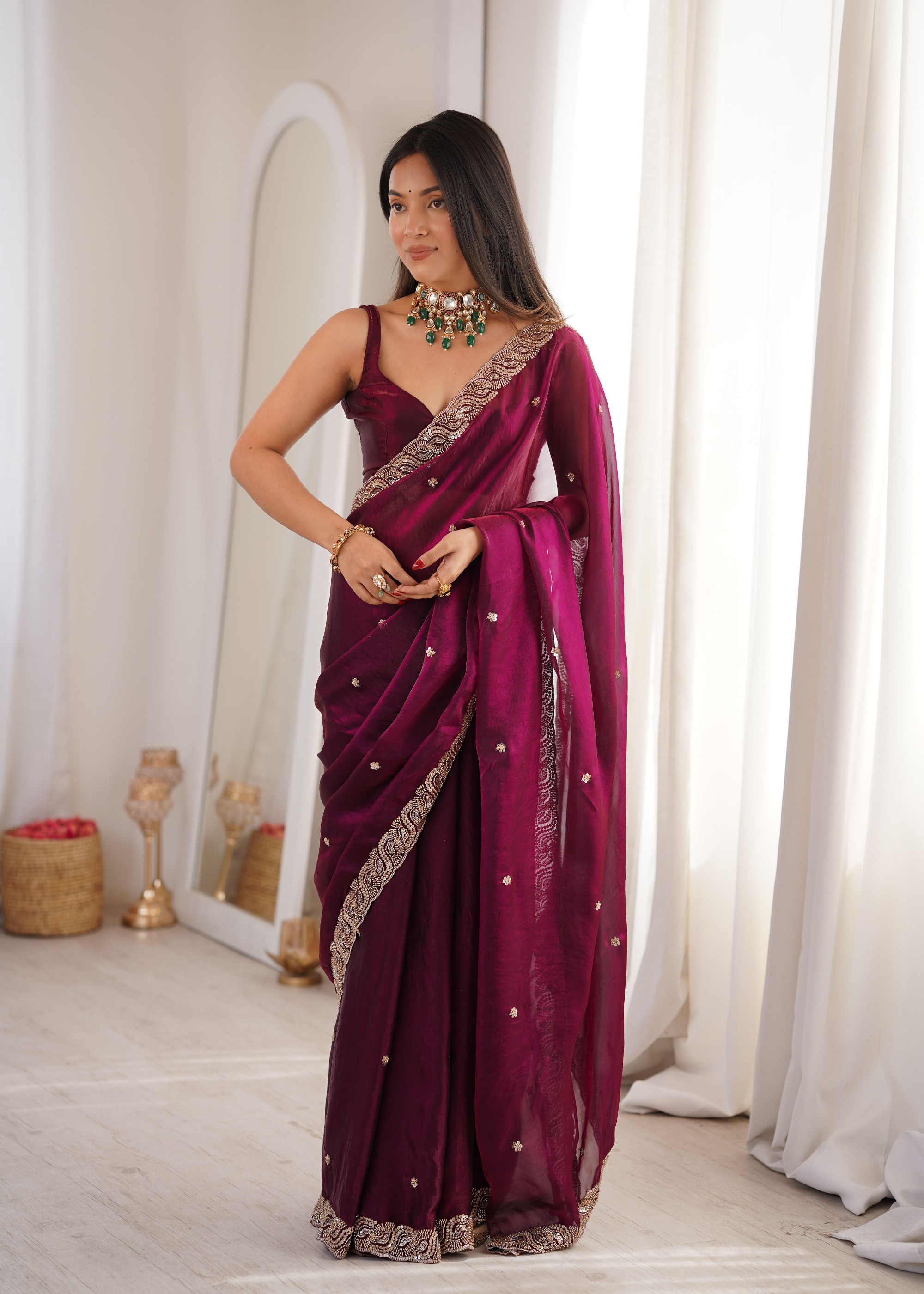 Wine Beads Pearl Fendy Satin Saree — alternate view