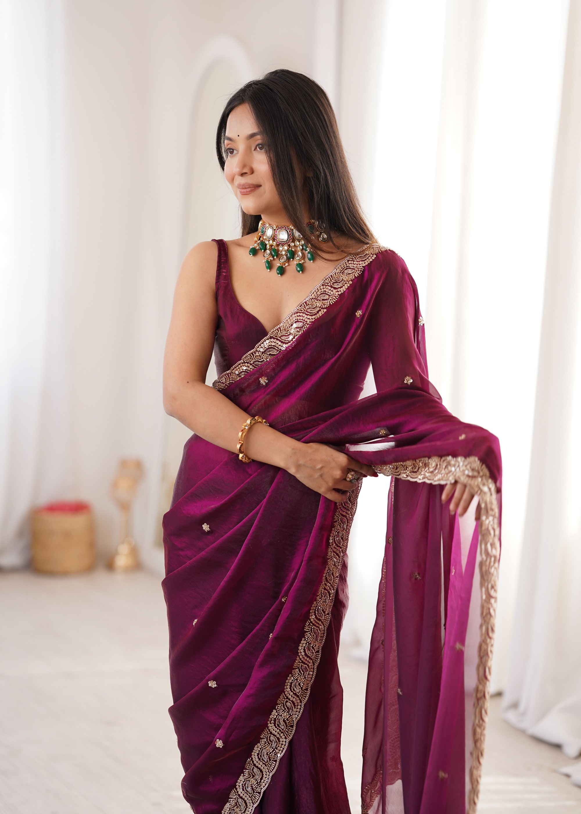 Wine Beads Pearl Fendy Satin Saree