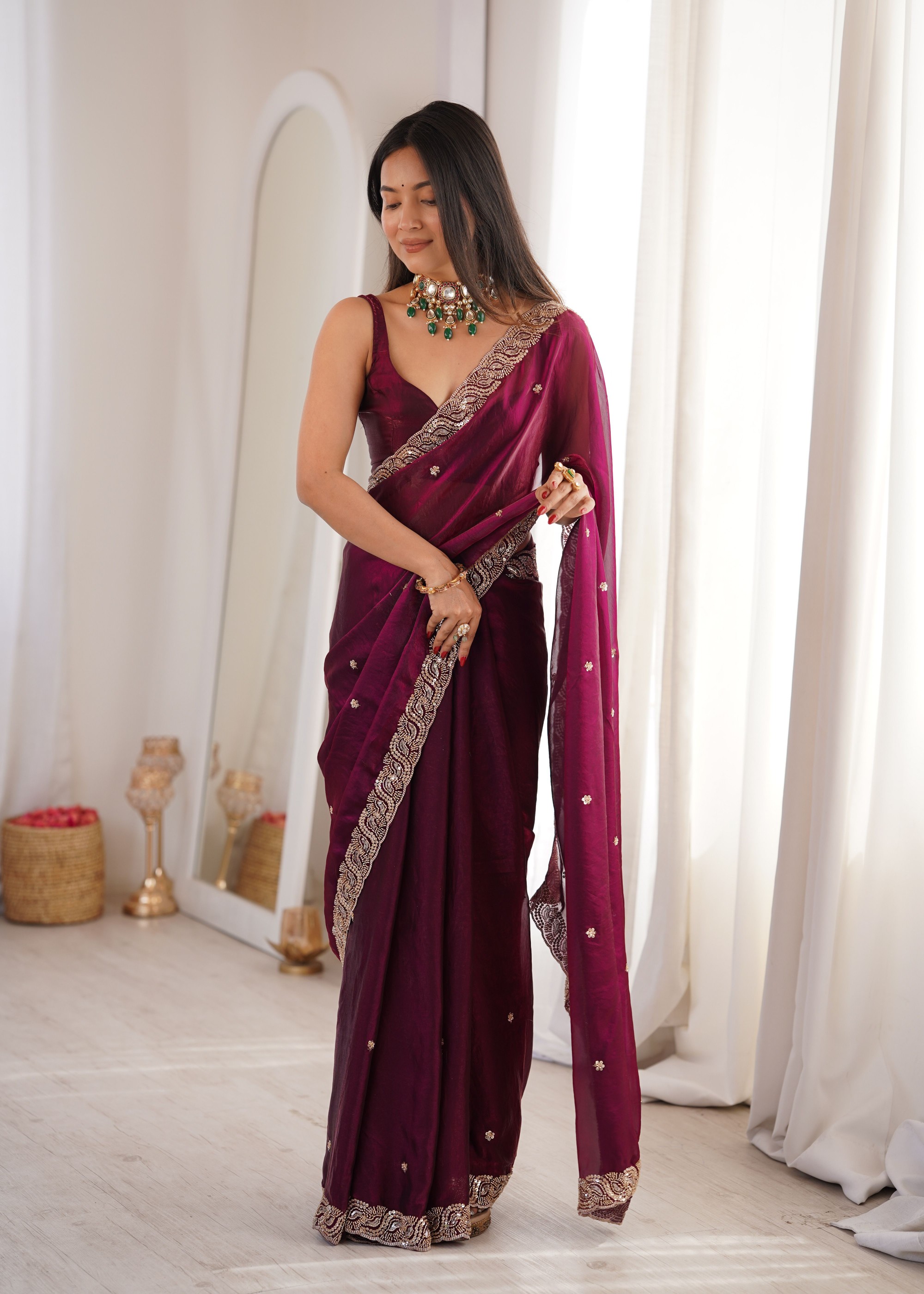 Wine Beads Pearl Fendy Satin Saree
