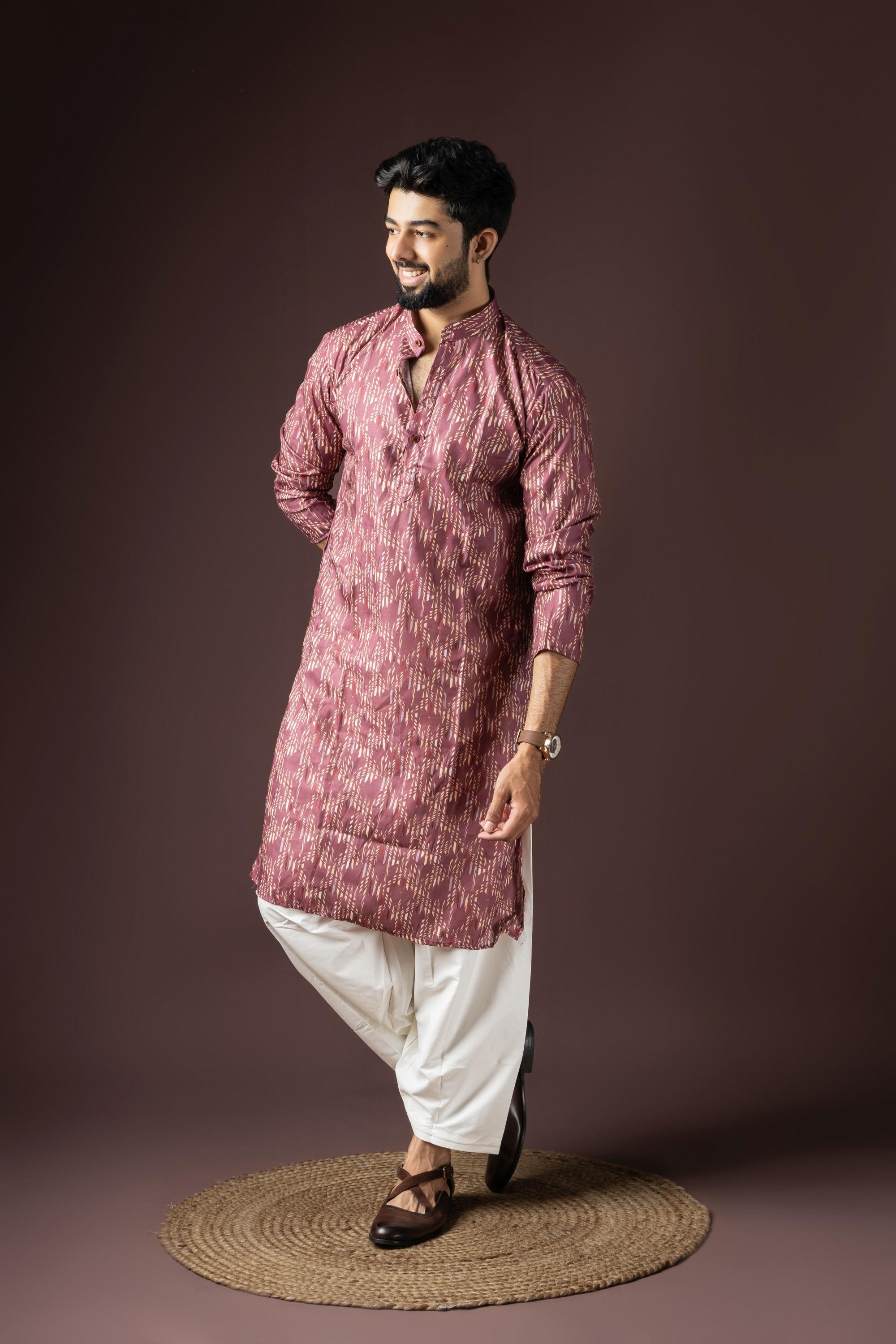 Wine Blended Cotton Kurta Pyjama