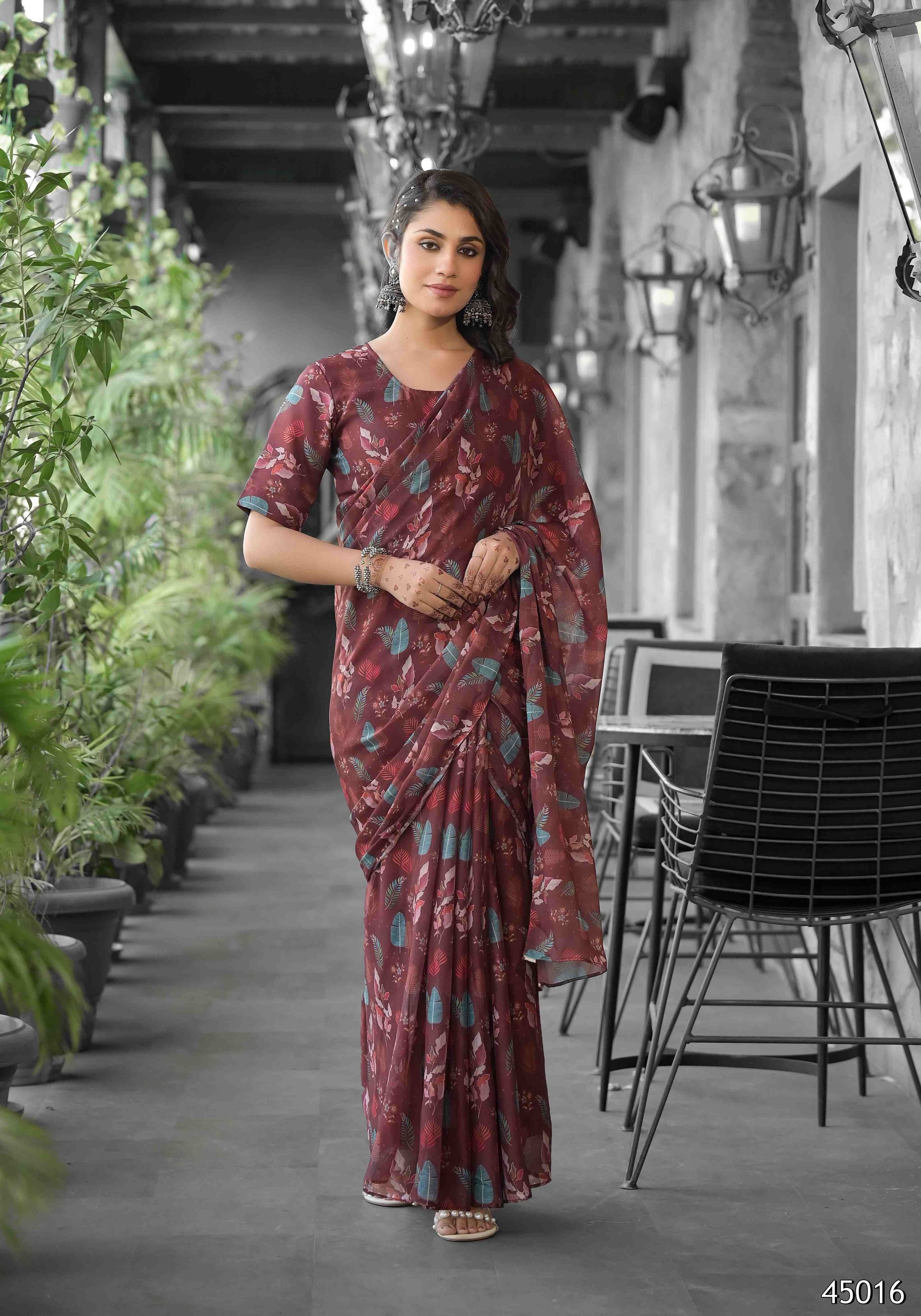 Wine Botanical Digital Georgette Saree Gown