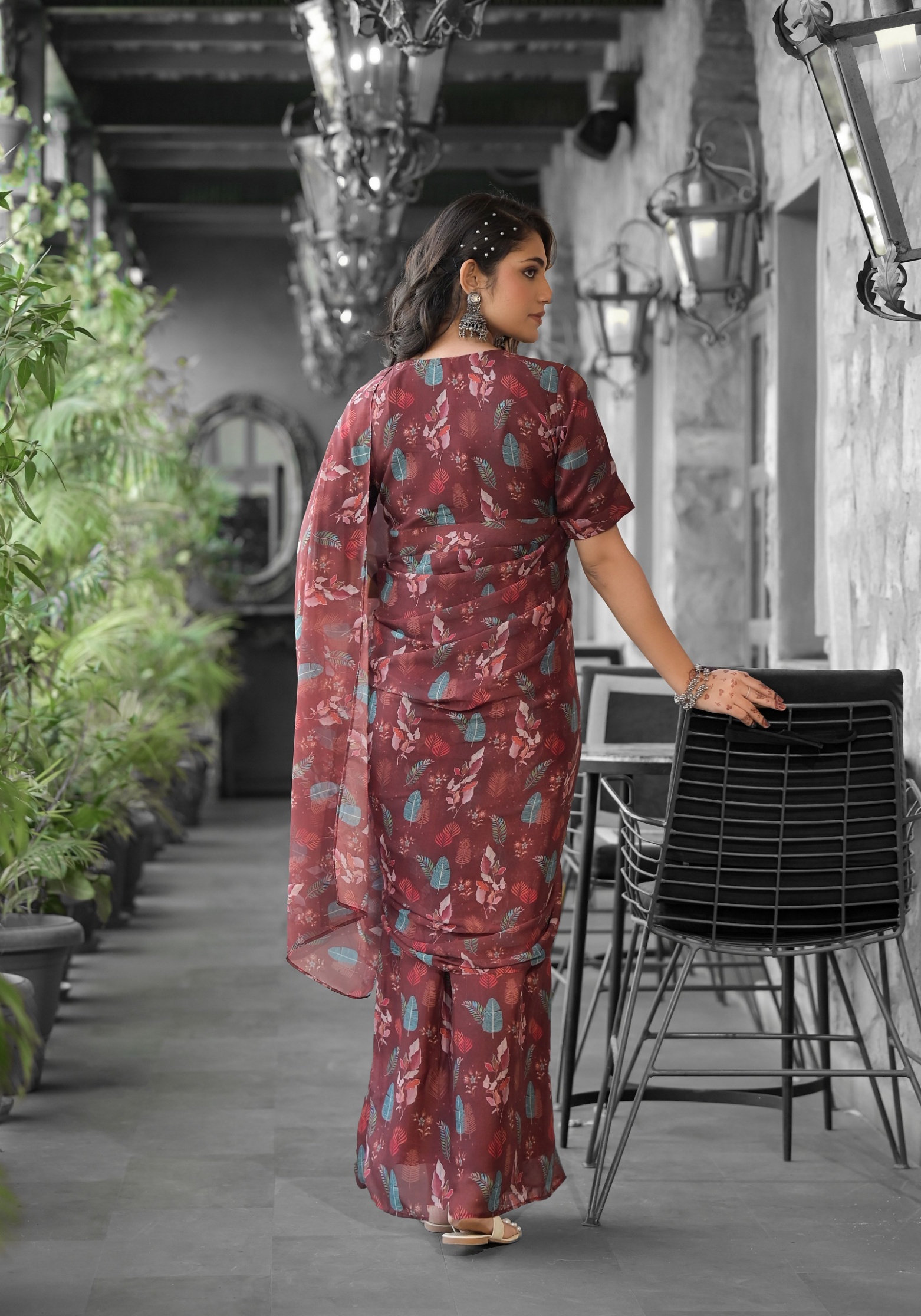 Wine Botanical Digital Georgette Saree Gown — alternate view