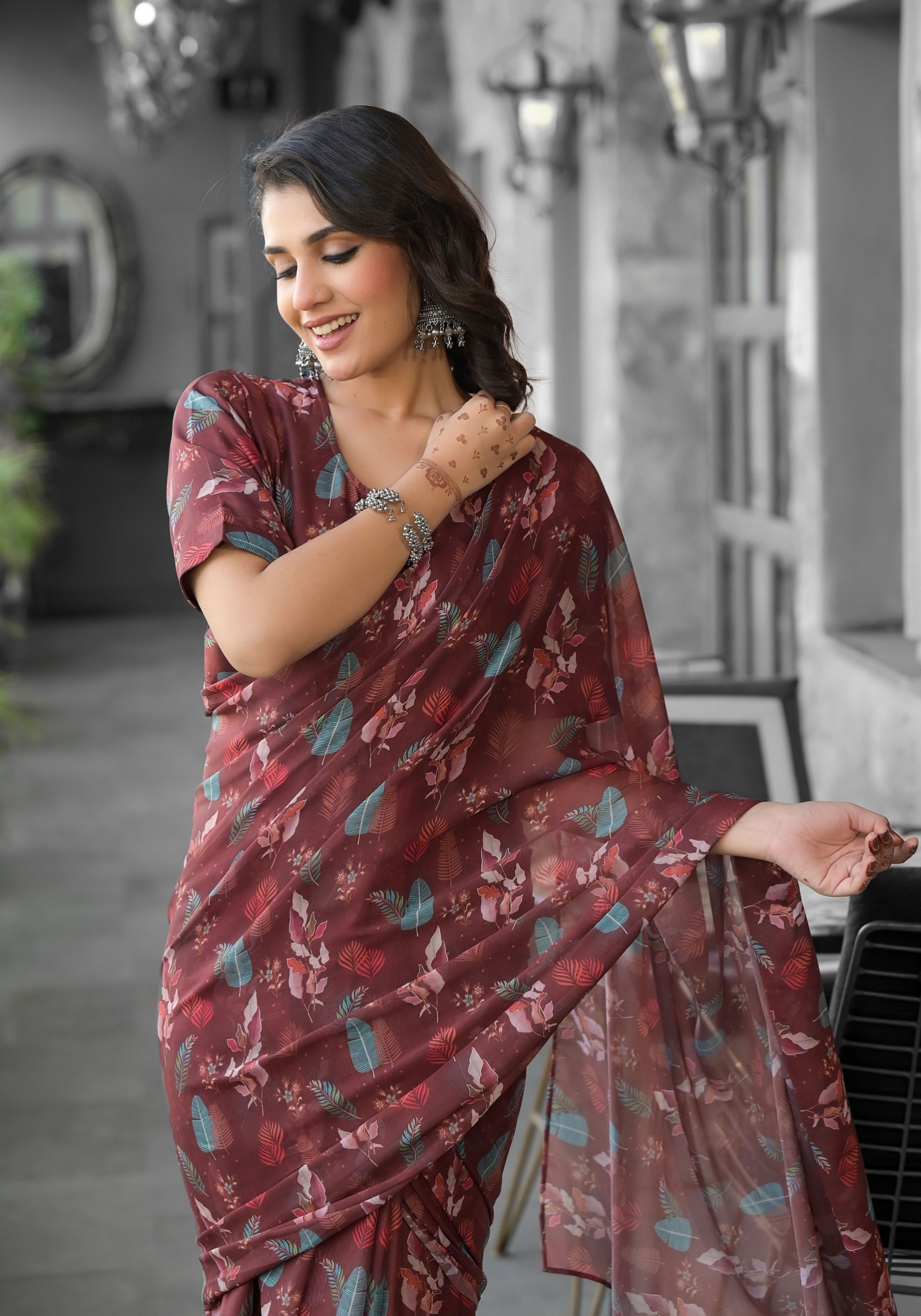 Wine Botanical Digital Georgette Saree Gown