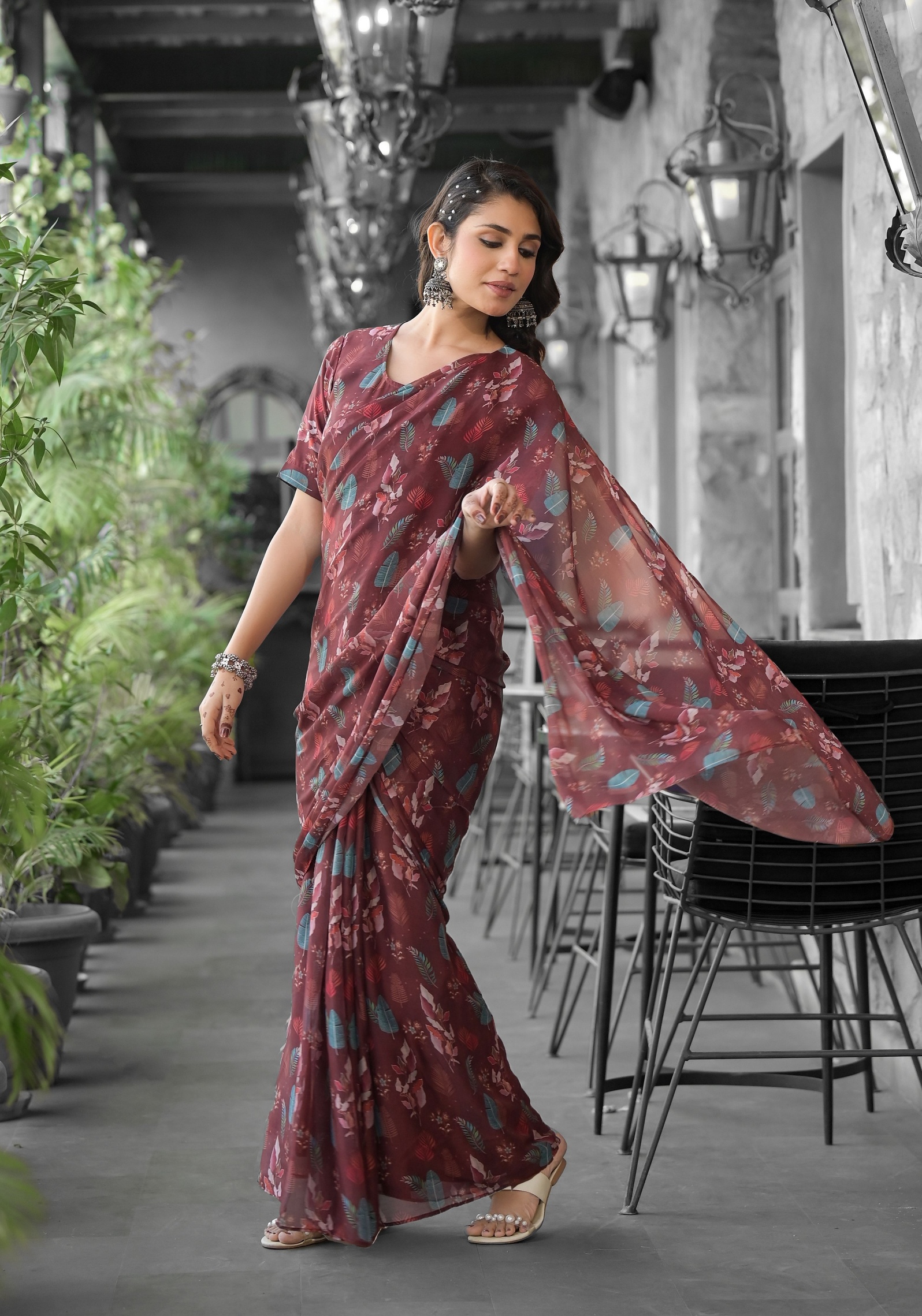 Wine Botanical Digital Georgette Saree Gown