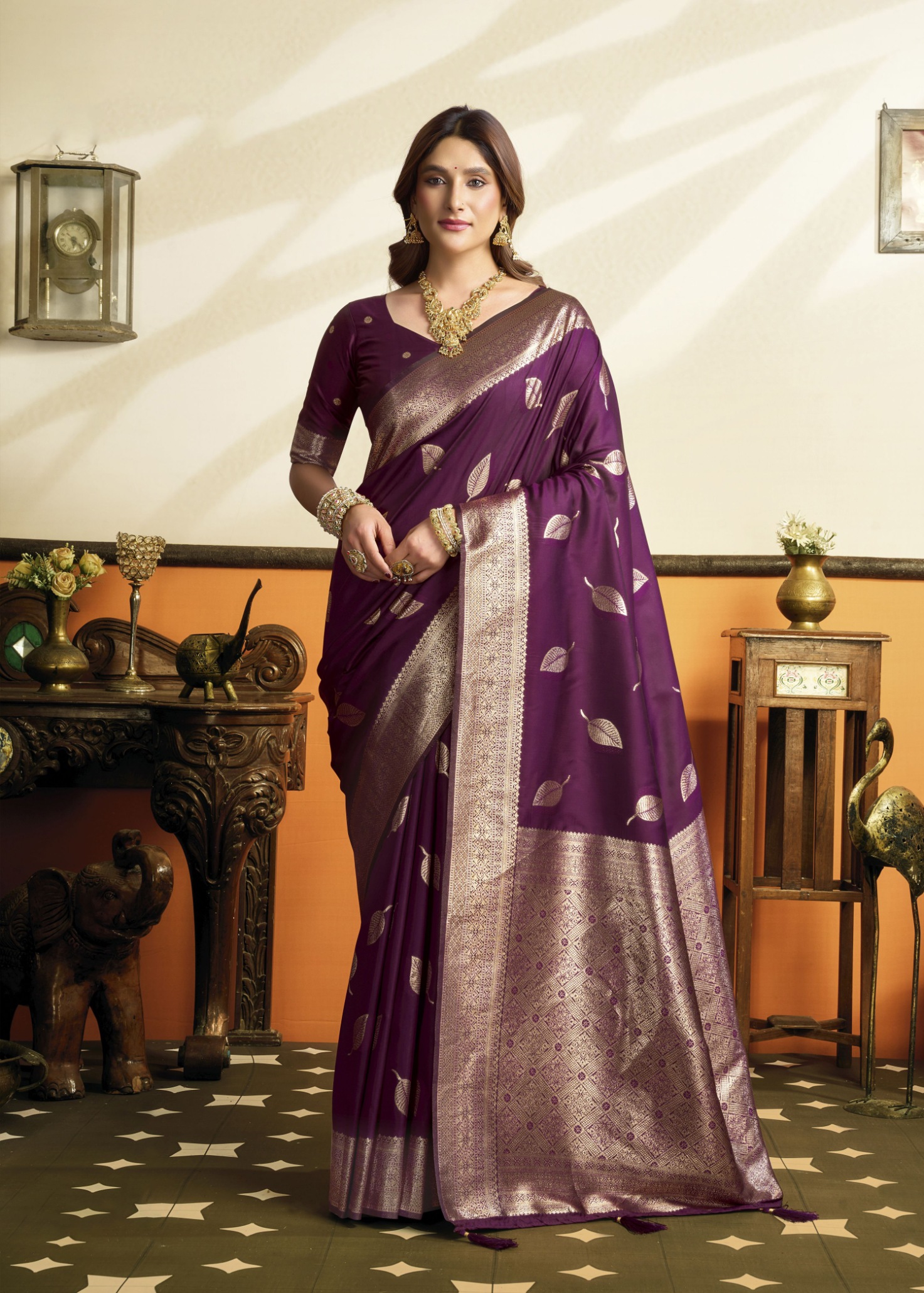 Wine Botanical Jacquard Soft Silk Saree