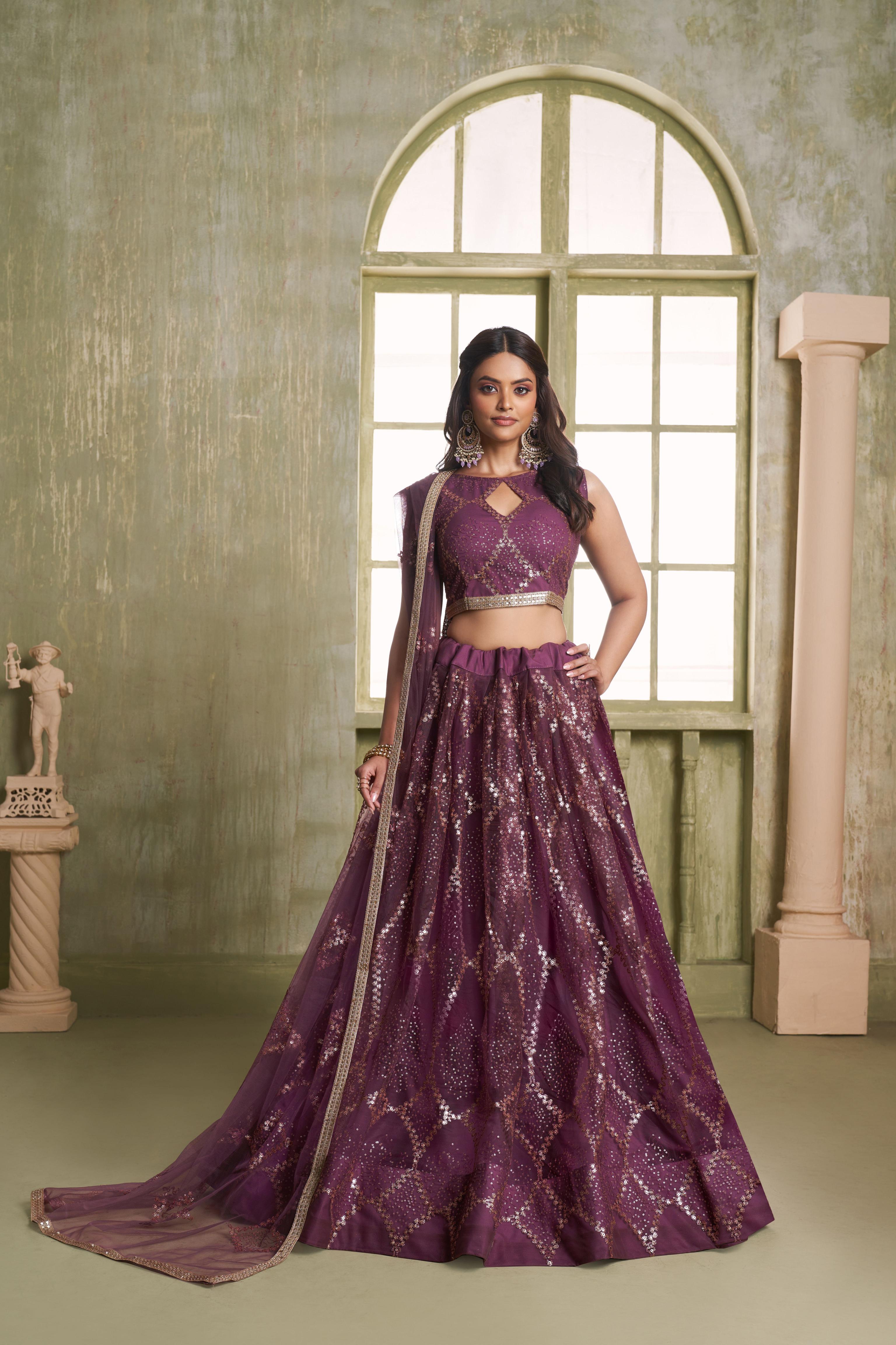 Wine Butterfly Net Umbrella Lehenga