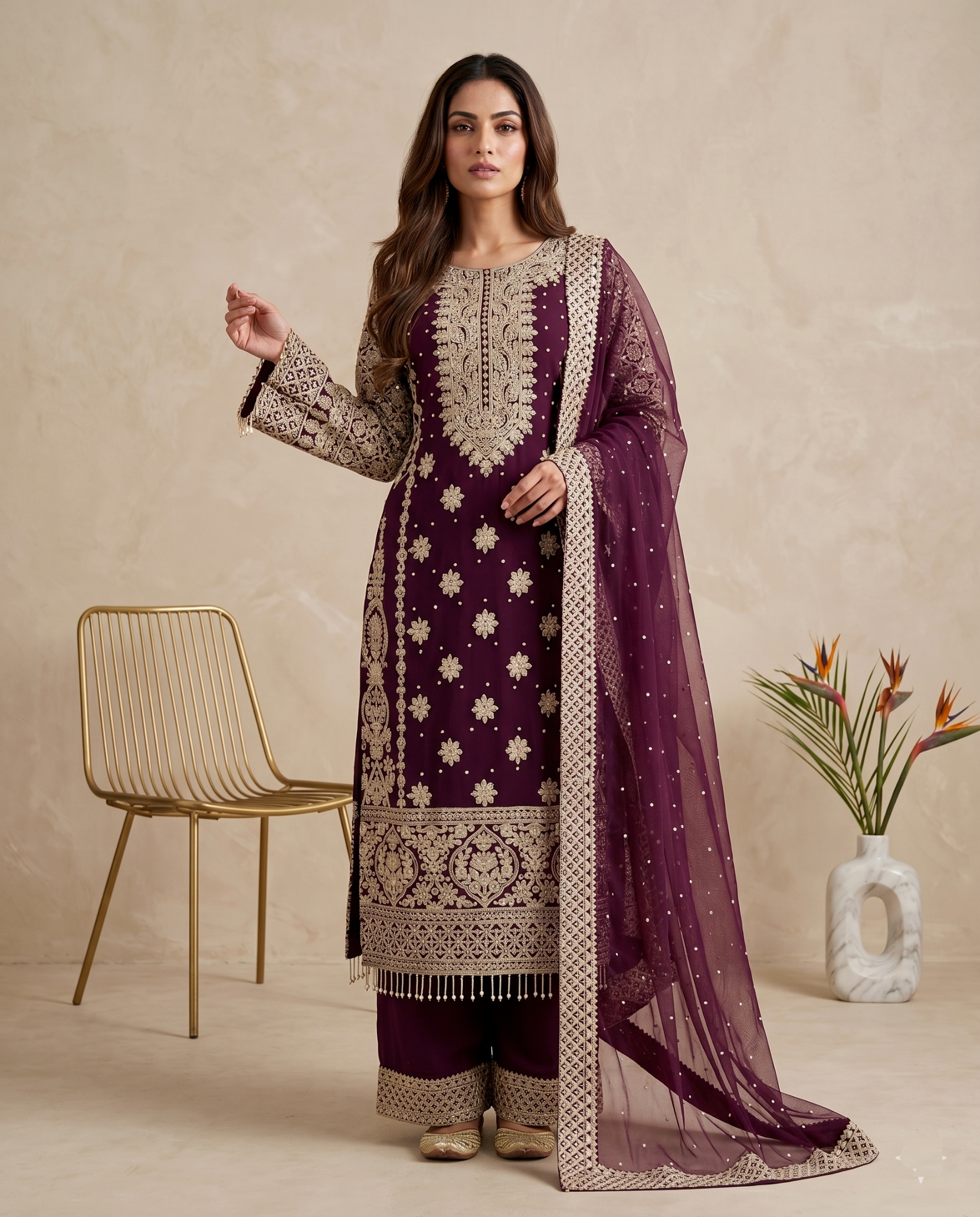 Wine Butti Heavy Embroidery Faux Georgette Sharara Suit
