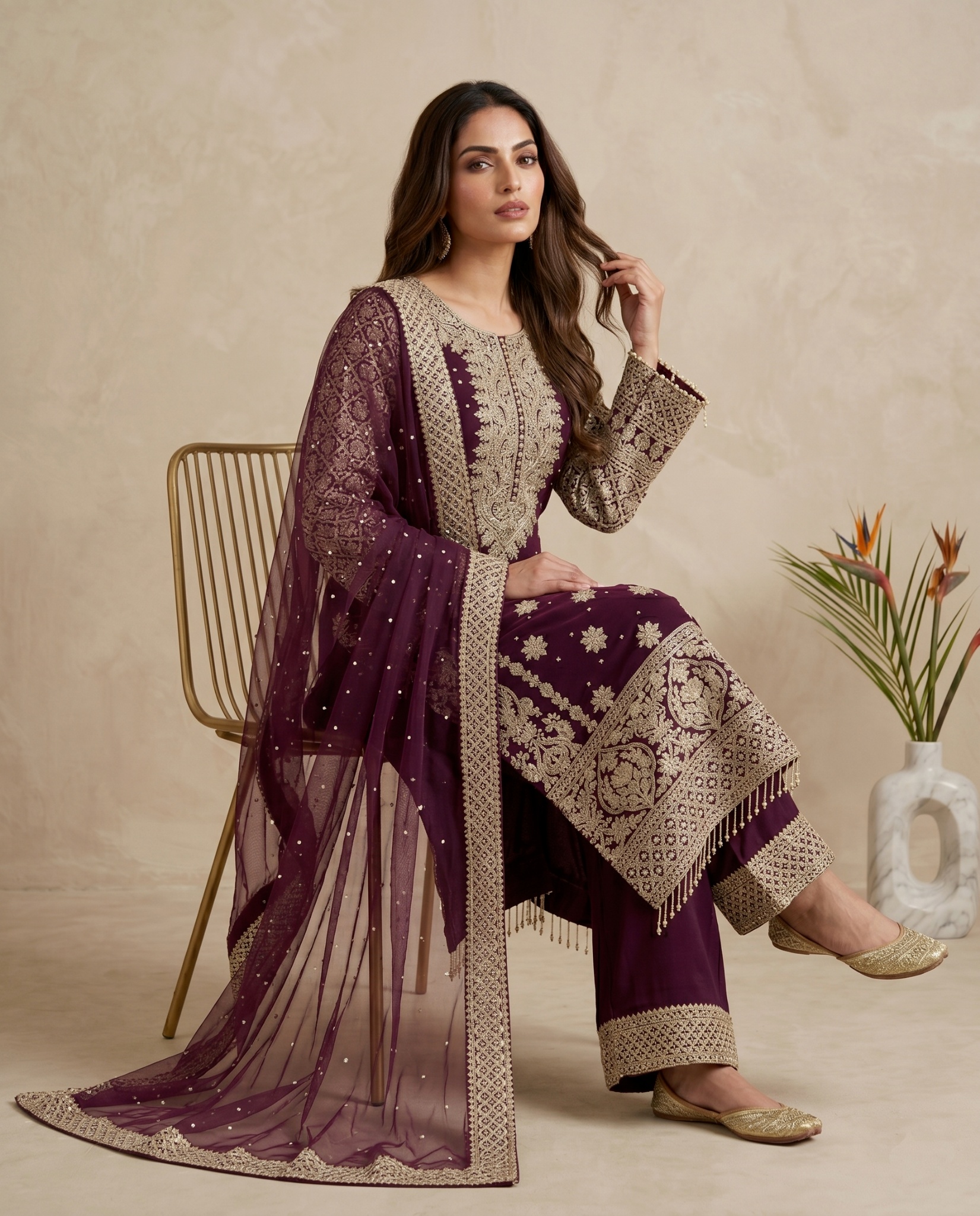 Wine Butti Heavy Embroidery Faux Georgette Sharara Suit — alternate view