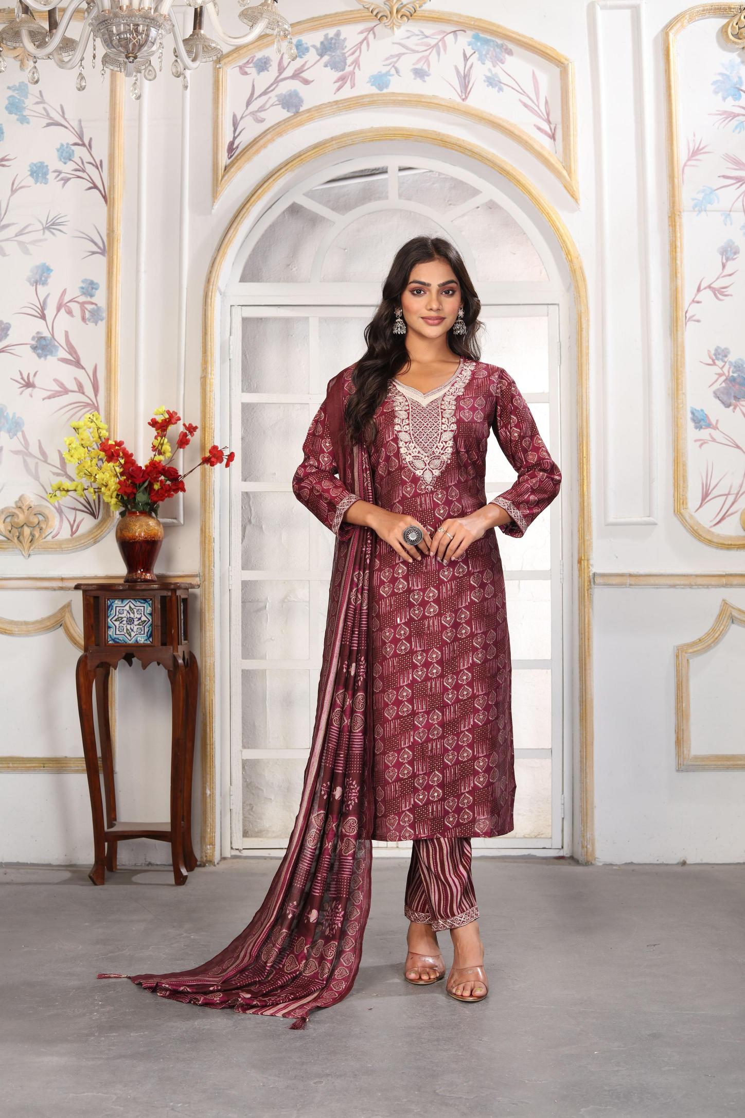 Wine Chanderi Readymade Suits