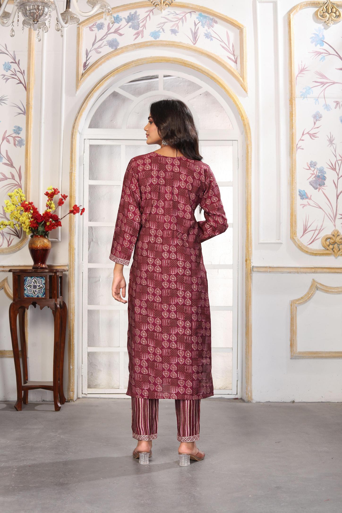Wine Chanderi Readymade Suits — alternate view