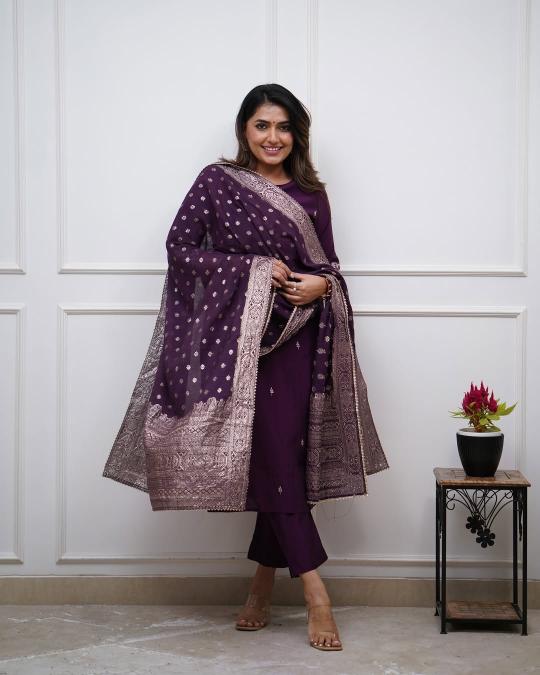 Wine Chanderi Readymade Suits