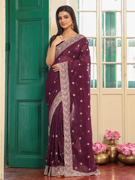 Wine Chiffon Designer Saree