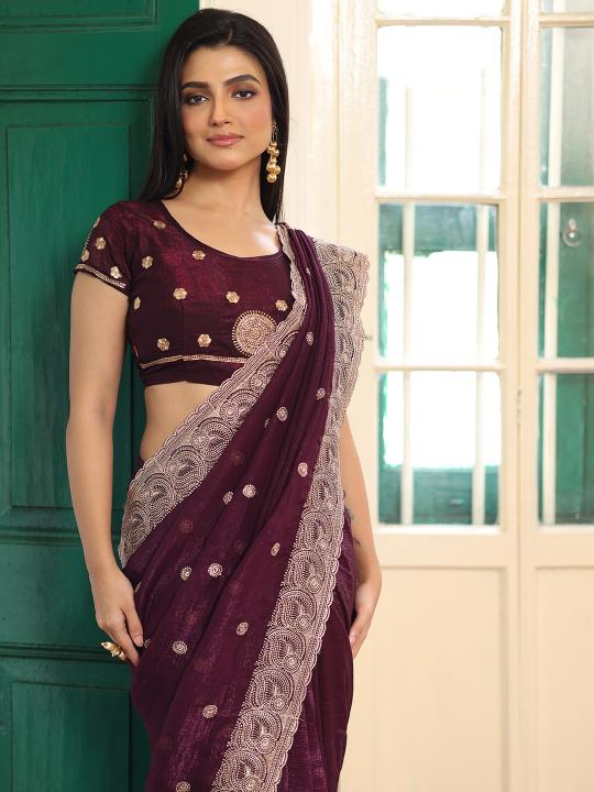 Wine Chiffon Designer Saree