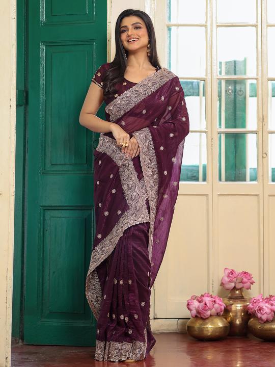 Wine Chiffon Designer Saree