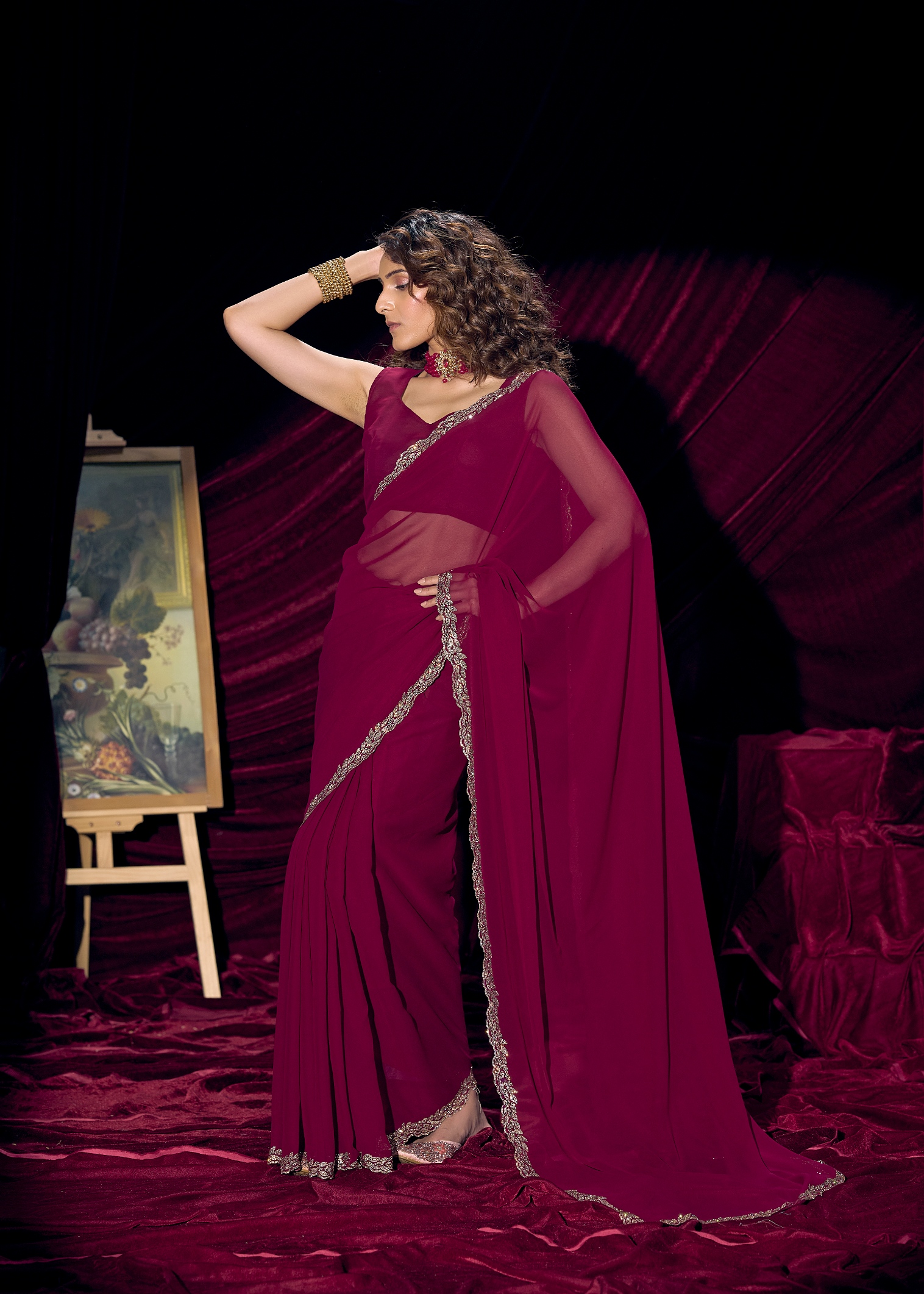 Wine Contemporary Zari Border Georgette Saree