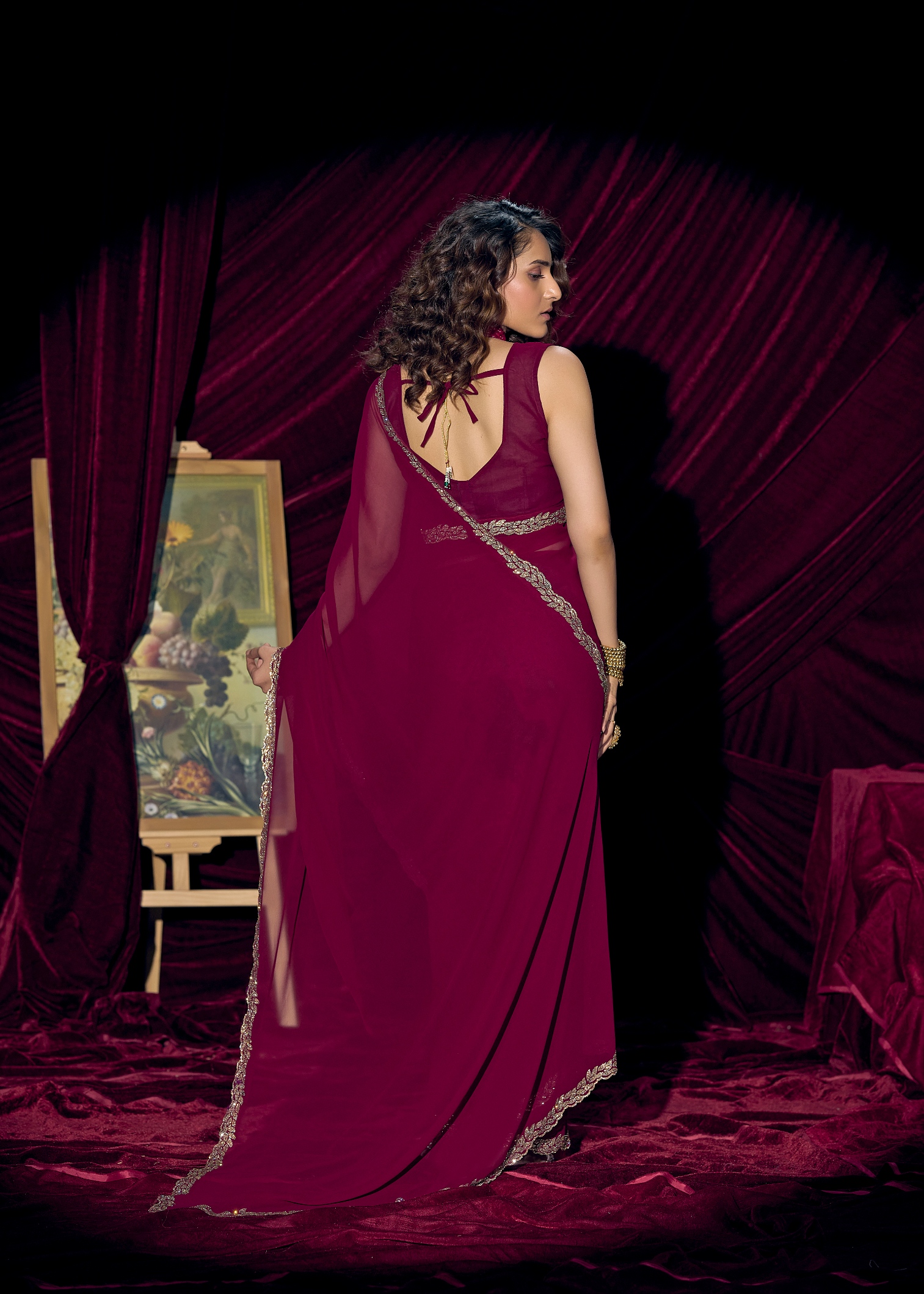 Wine Contemporary Zari Border Georgette Saree — alternate view