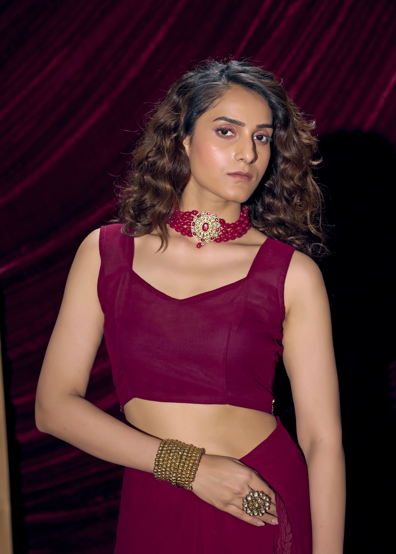 Wine Contemporary Zari Border Georgette Saree